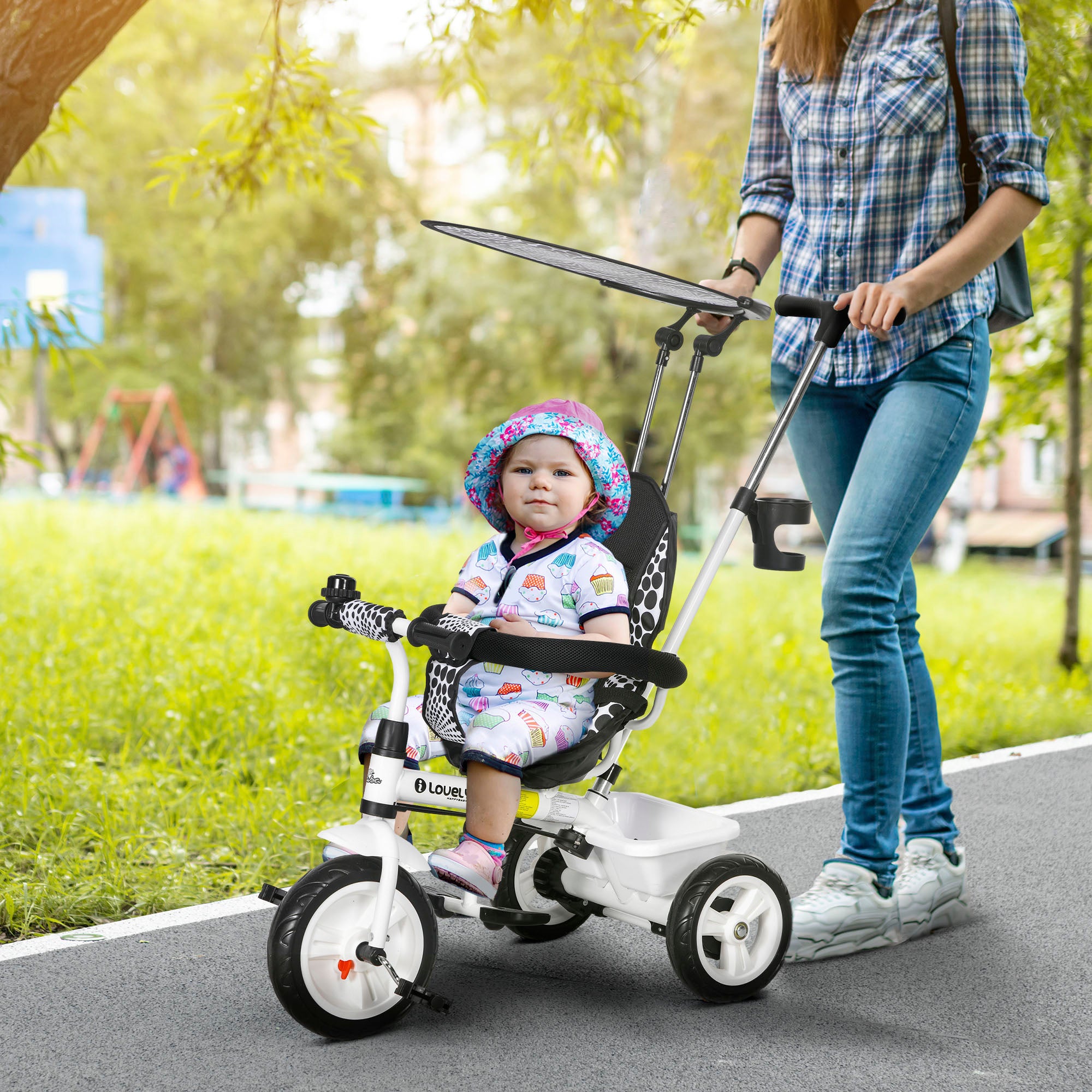 6 in 1 Kids Tricycle with Removable Handlebar and Canopy, White Tricycles for Kids at Gallery Canada