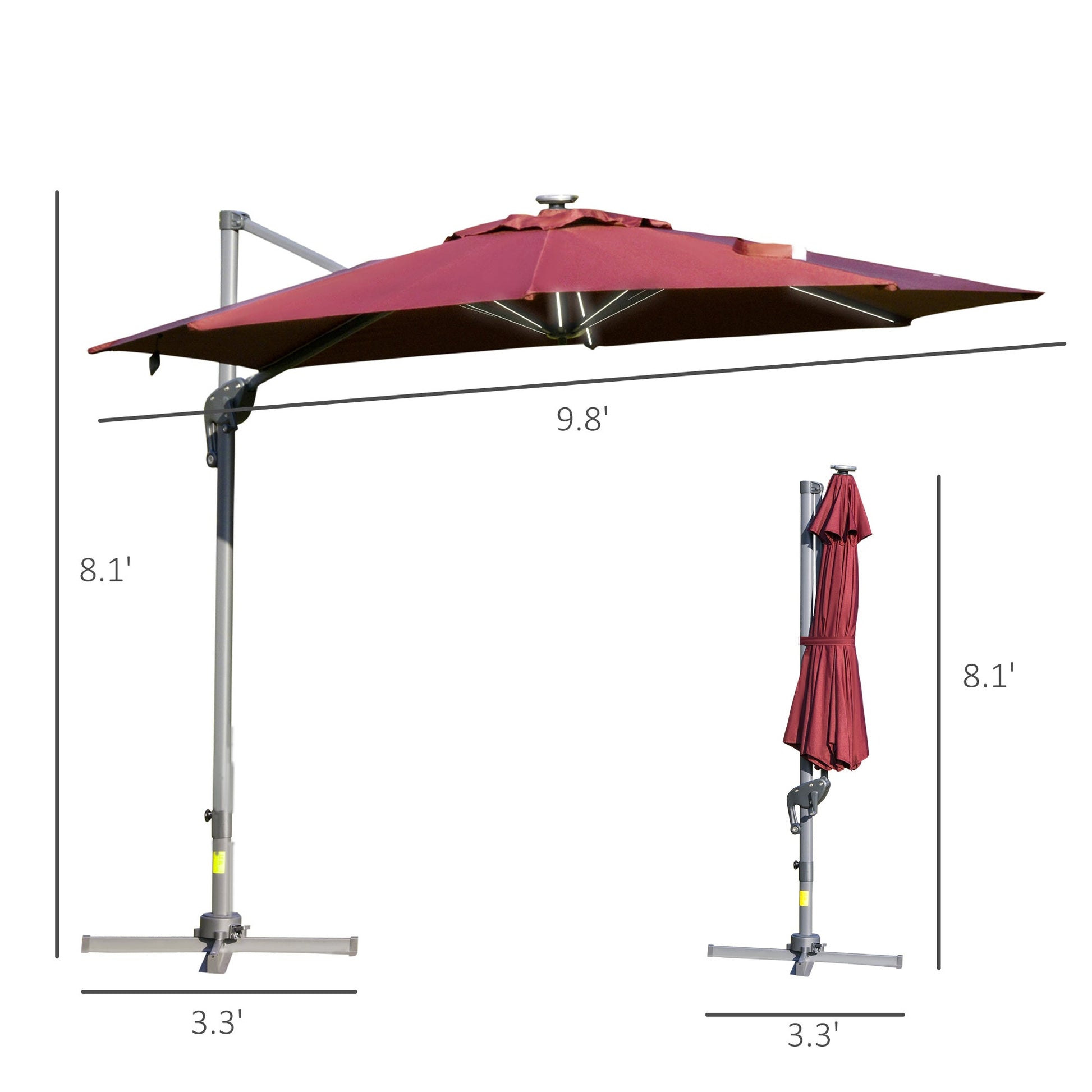 Solar LED Cantilever Sun Umbrella, 360° Rotation, Adjustable Angle, Wine Red Cantilever Umbrellas   at Gallery Canada