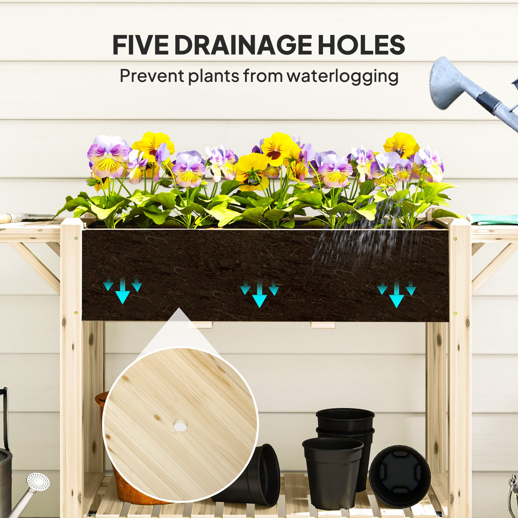 Raised Garden Bed, Wood Planter Box with Lockable Wheels, Side Tables, Bottom Shelf, Bed Liner, Drain Holes, Natural Raised Garden Beds at Gallery Canada