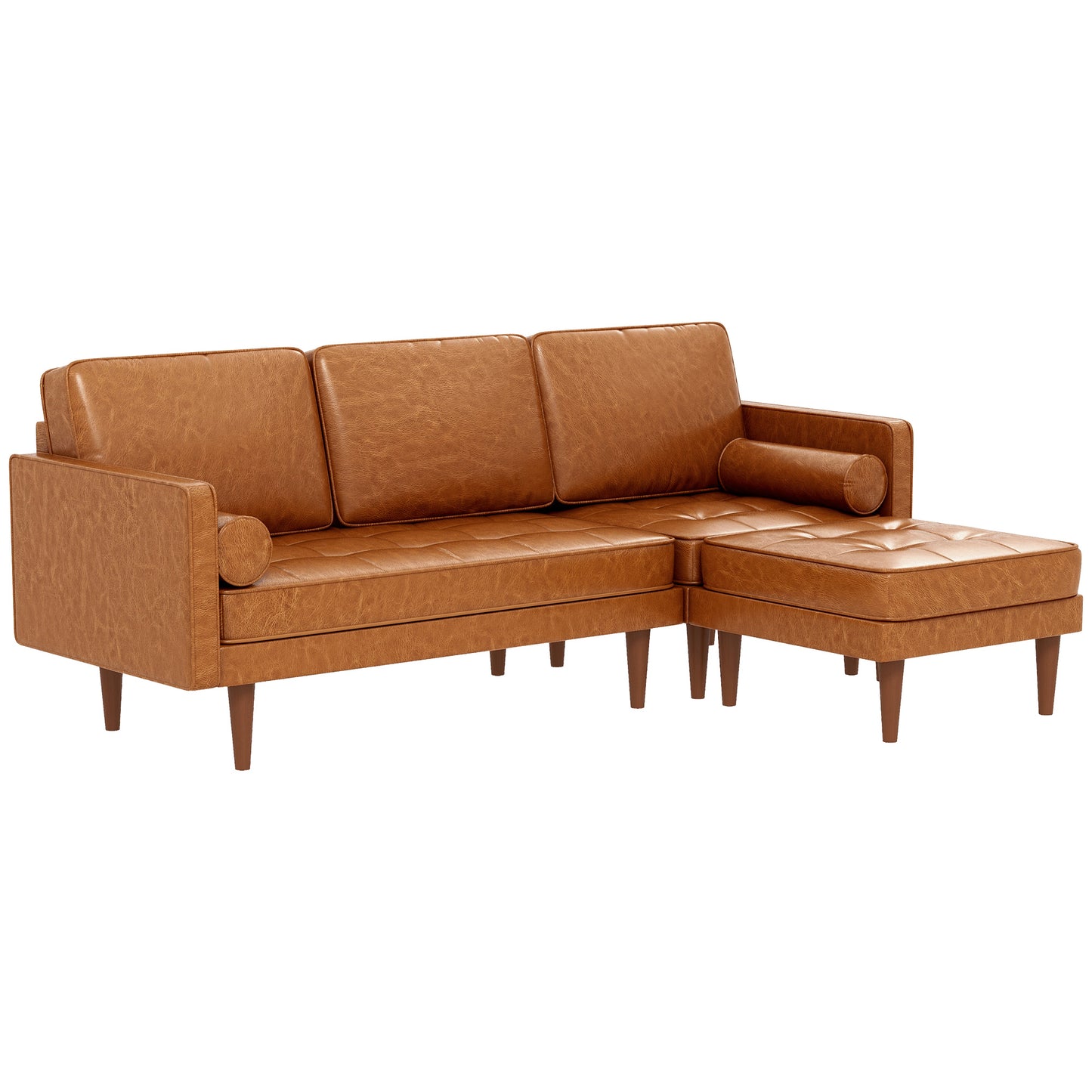 Faux Leather Sectional Sofa Couch L-Shaped Corner Sofa Set with Footstool and 2 Bolster Pillows, Brown 3-Seater Sofas   at Gallery Canada