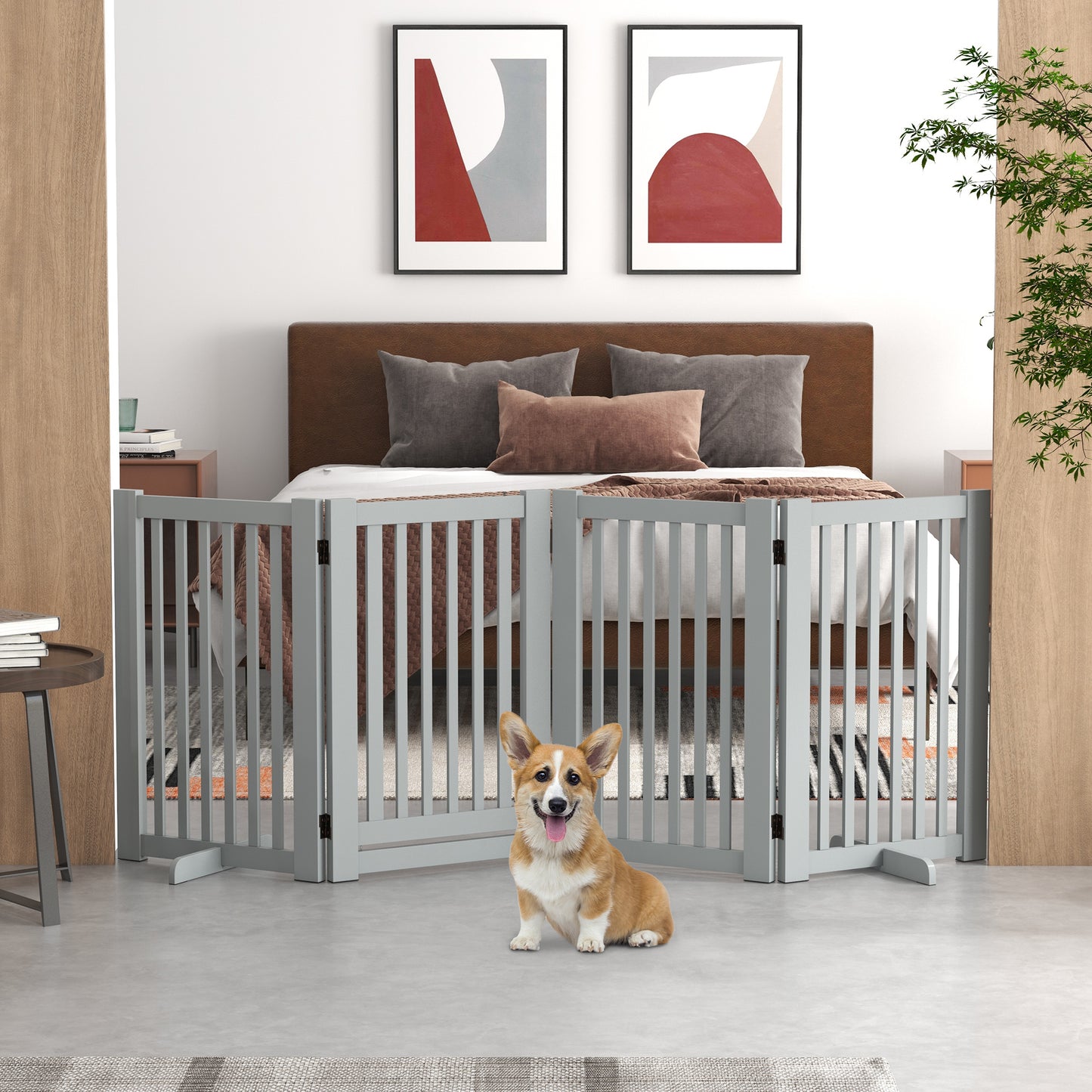 4 Panel Free Standing Wooden Pet Gate with Open Door Light Grey Houses, Kennels & Pens   at Gallery Canada