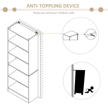 5-Tier Bookcase Storage Cupboard with Adjustable Shelves Display Unit for Living Room, Office, Nature Wood Display Bookshelves   at Gallery Canada