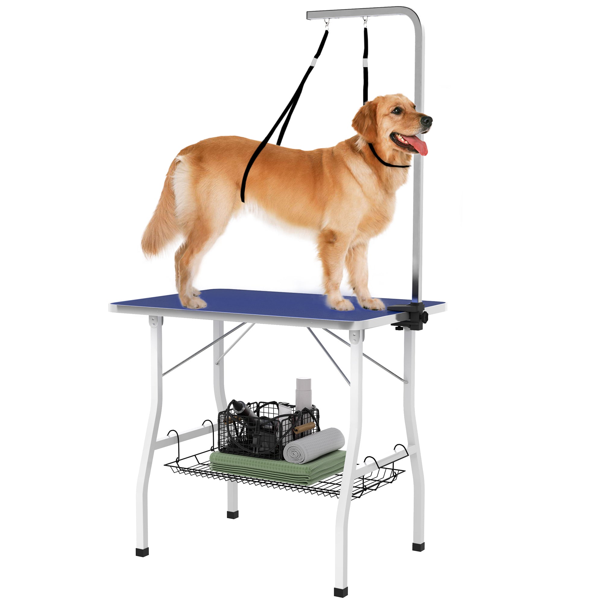 Dog Grooming Table w/ Adjustable Arm, Mesh Tray, Two Nooses, Rubber Surface, 35