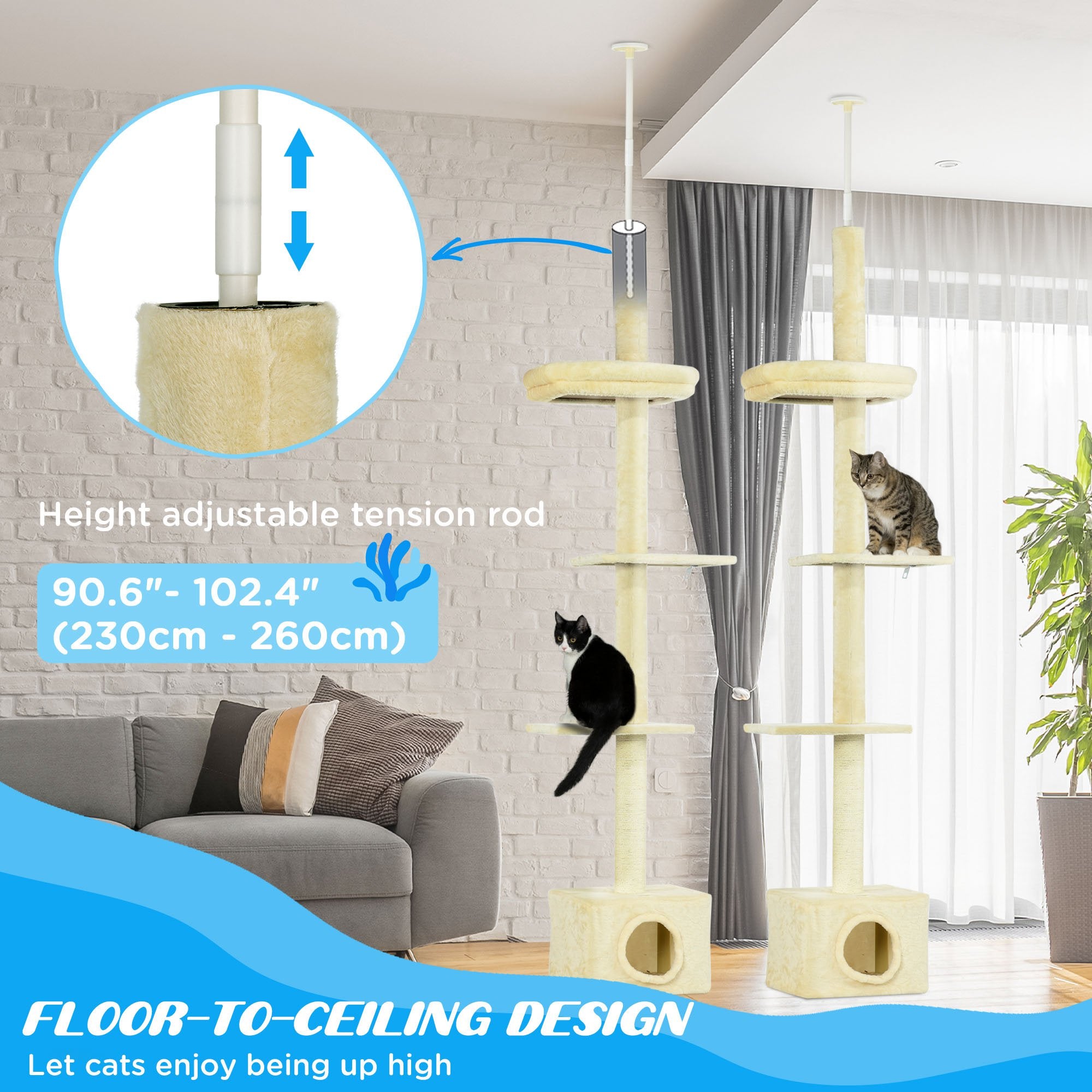 Floor to Ceiling Cat Tree with Scratching Post for Indoor Cats, Adjustable Height Cat Tower (91-102 Inches) with House, Bed, Beige Floor to Ceiling Cat Trees at Gallery Canada