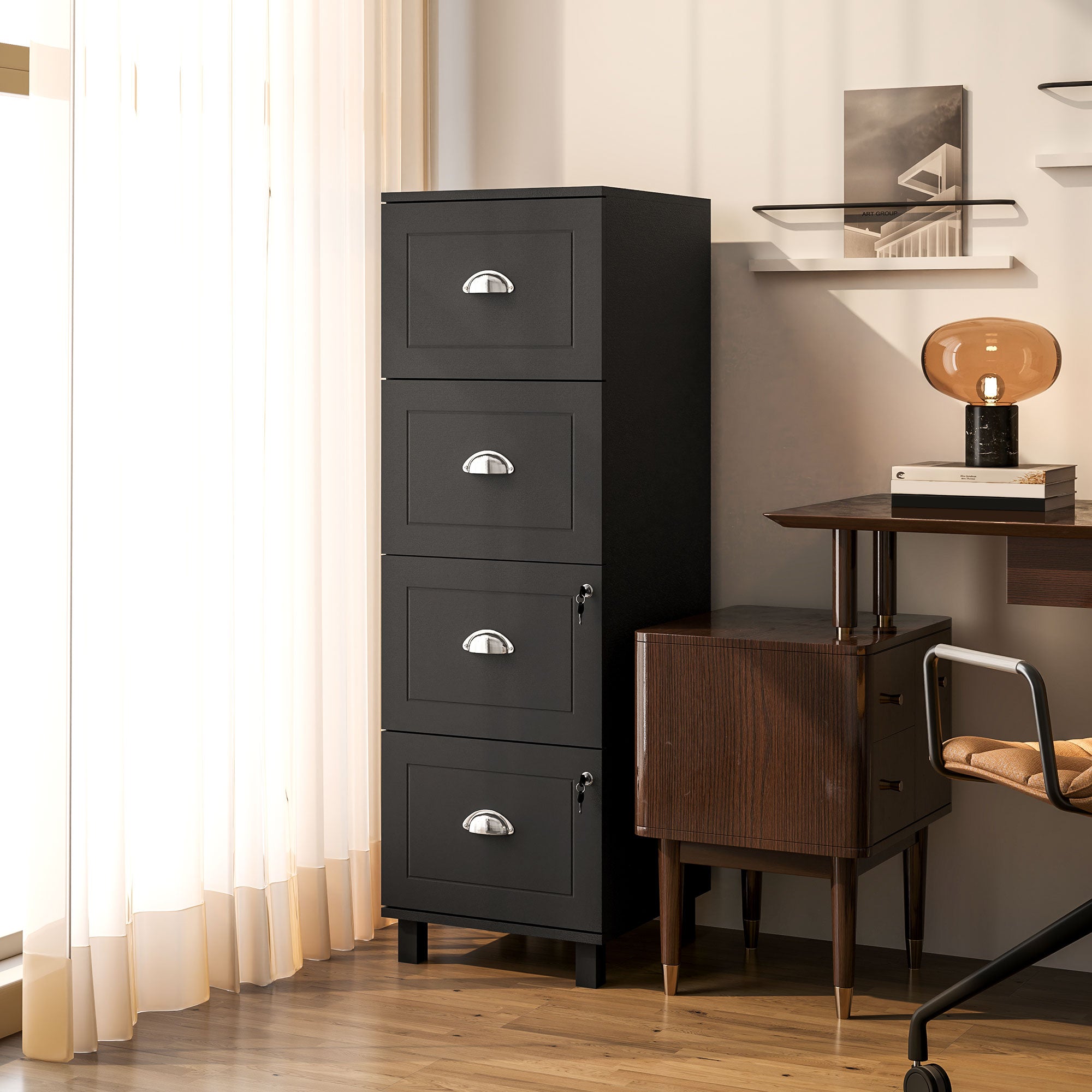 4 Drawer File Cabinet with Lock, Office Filing Cabinet, A4 Letter Size, Hanging File Folders, Black Office Cabinets & Cupboards Black  at Gallery Canada