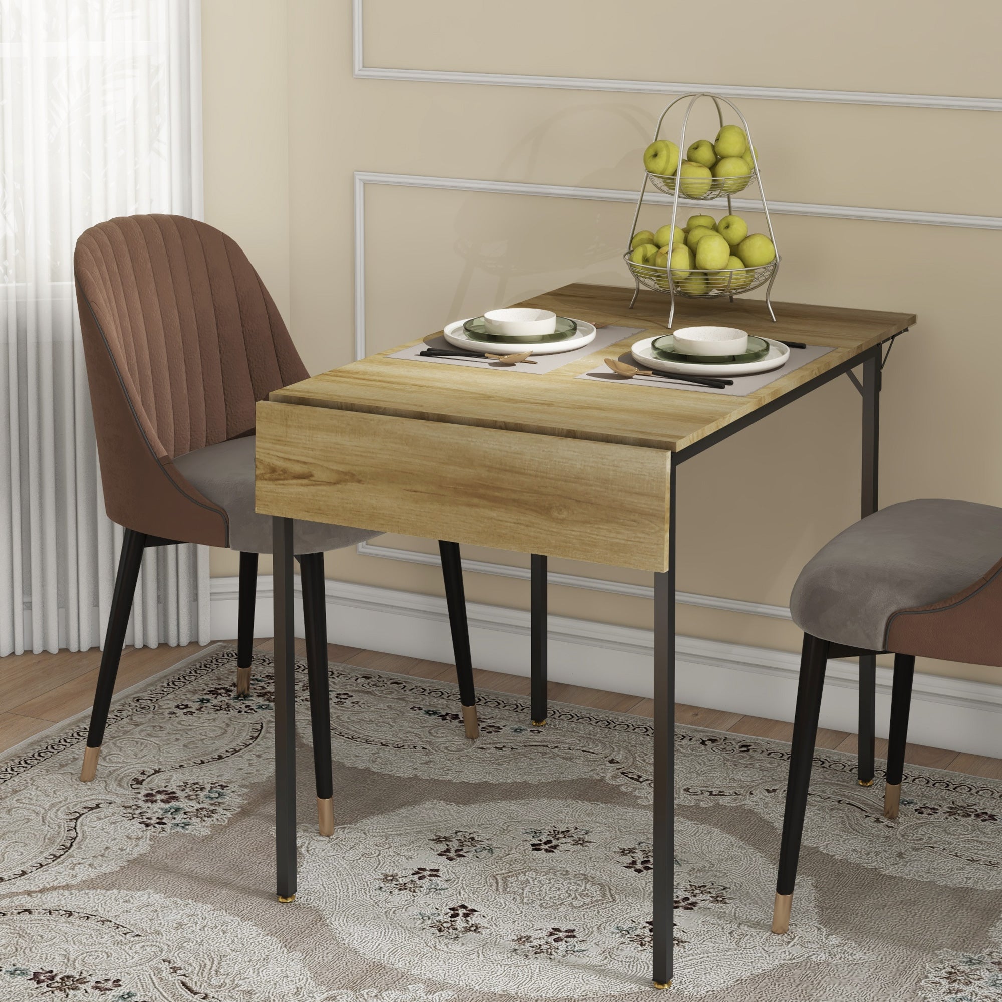 Drop Leaf Folding Dining Table for Small Space, Extendable Kitchen Table for 2 to 4 People, Natural Wood Dining Tables   at Gallery Canada