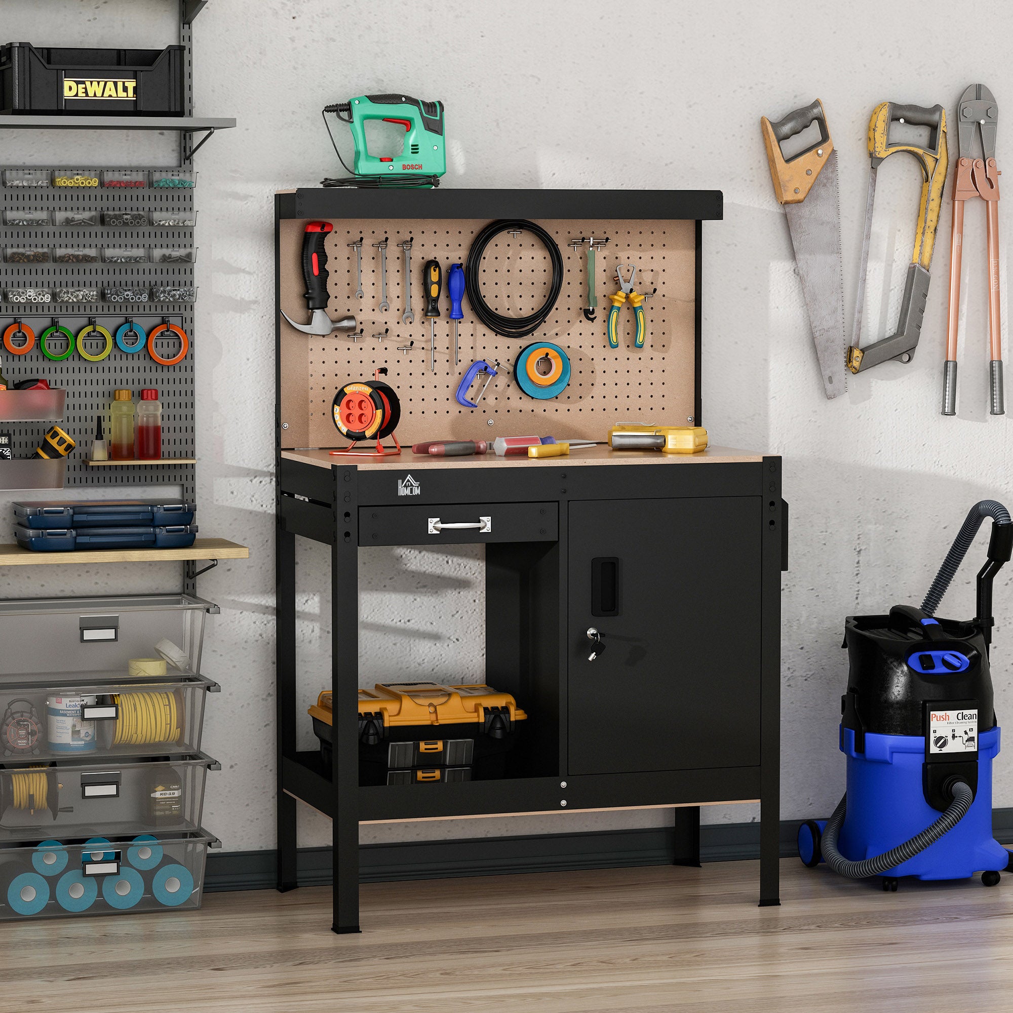 Multipurpose Tool Workbench for Garage, Garage Bench with Storage Drawer, Peg Board, Lockable Cabinet Office Desks & Work Stations at Gallery Canada