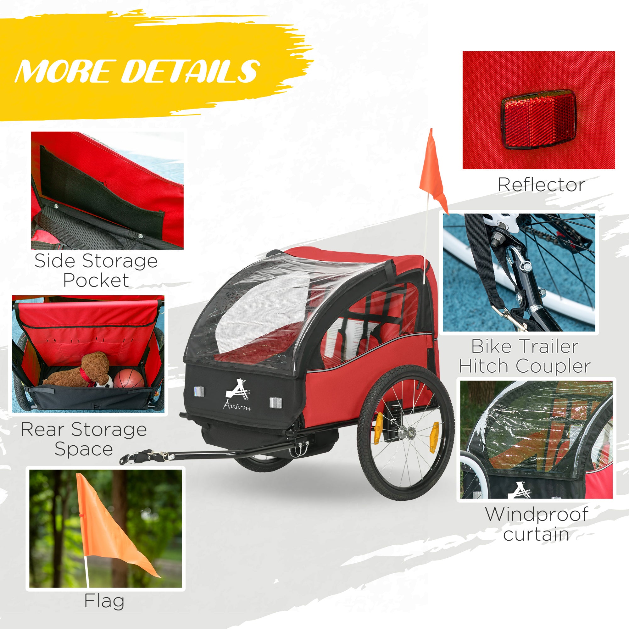 2 Seat Bike Trailer for Kids, Baby Stroller with Storage Bag, 5 Point Harness, Bicycle Trailer with 20