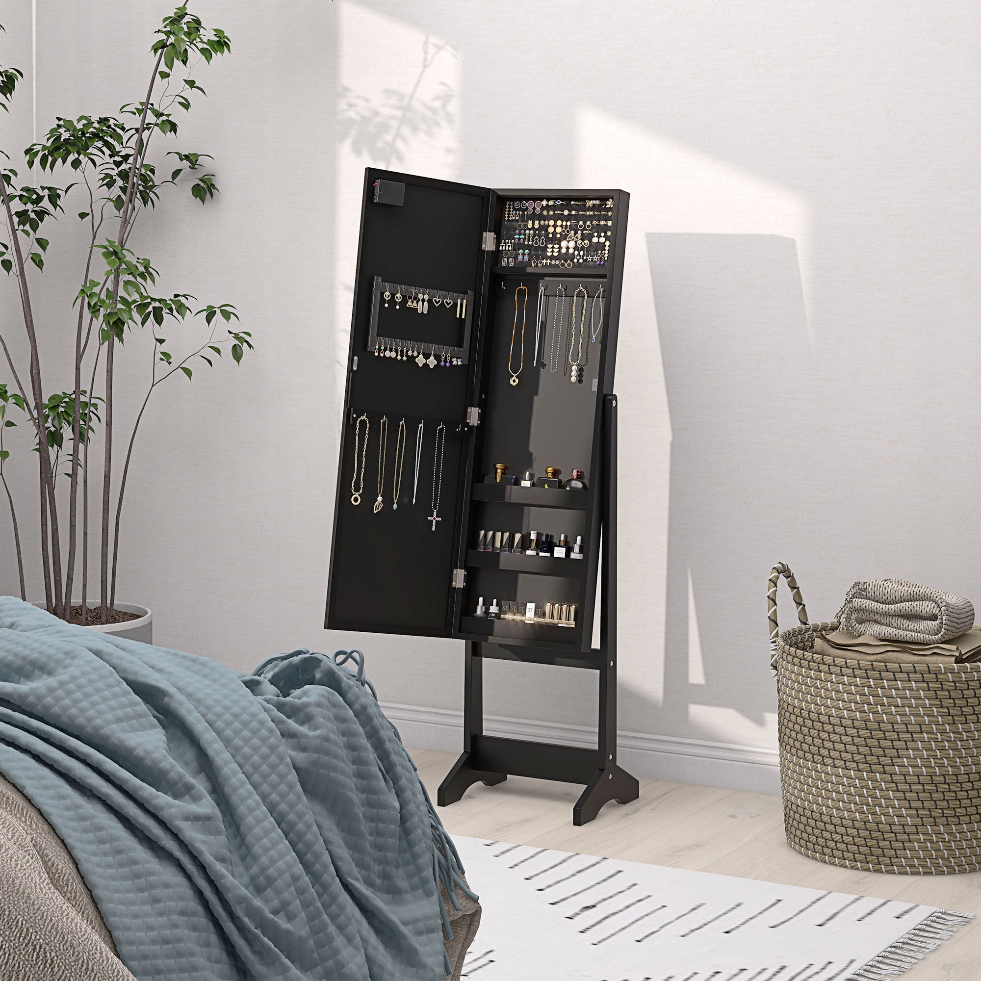 Free Standing Armoire Organizer, Lighted Mirrored Jewelry Cabinet w/ Angle Adjustable &; 16 LED Lights Black Jewelry Armoire & Jewellery Mirror Cabinets at Gallery Canada