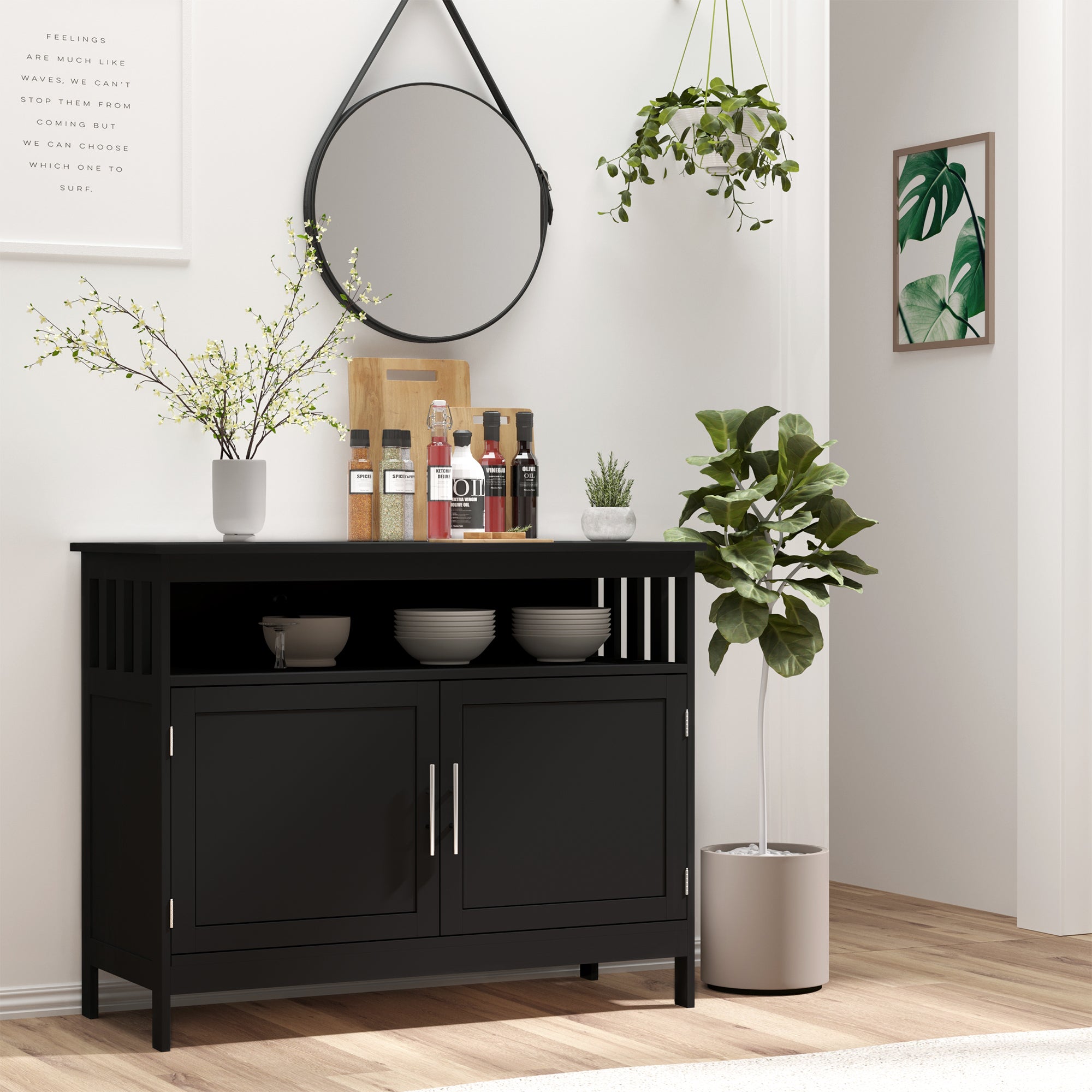Kitchen Sideboard, Buffet Cabinet, Wooden Storage Console Table with 2-Level Cabinet and Open Shelf, Black Bar Cabinets at Gallery Canada