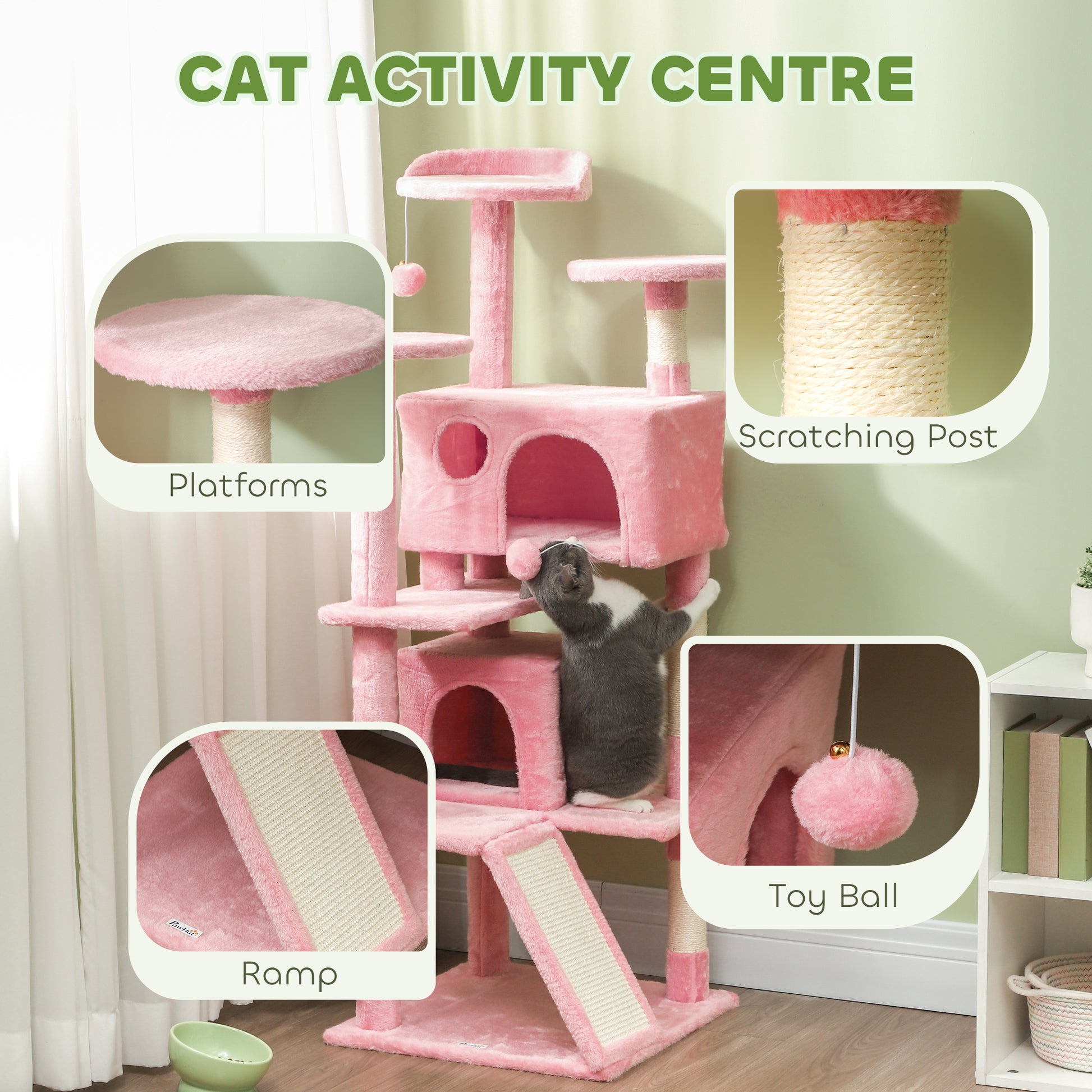 54" Cat Tree, Multi-Level Cat Tower with Scratching Posts, Cat Condos, Bed, Platforms, Ramp, Toy Ball, Pink Cat Towers   at Gallery Canada