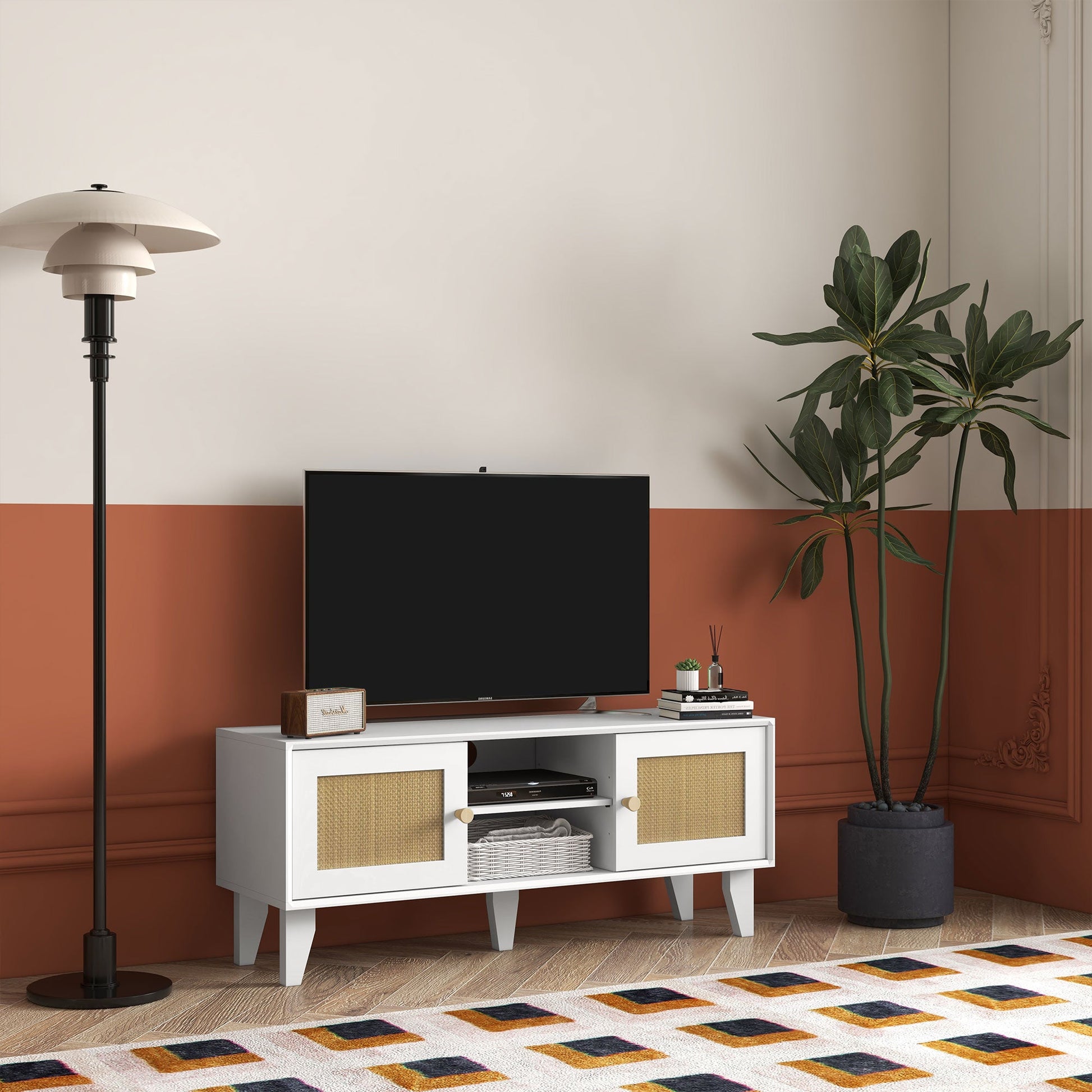 TV Stand Cabinet for 50-Inch, TV Table with 2 Rattan Doors, Television Stand with Adjustable Shelves and Cable Holes TV Stands   at Gallery Canada