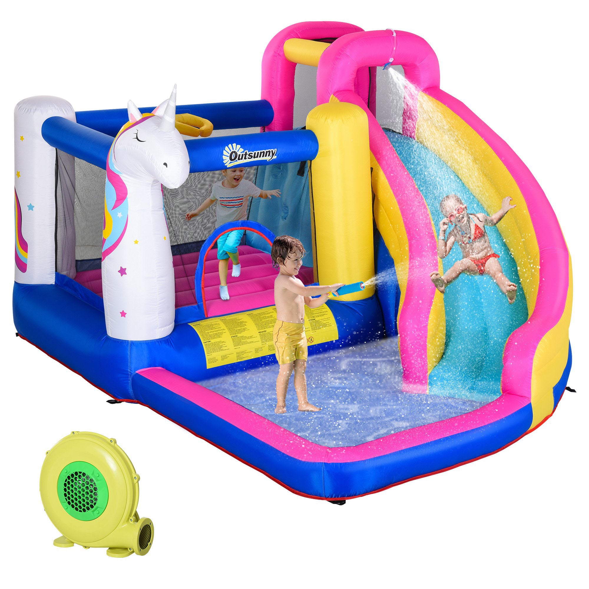 Kids 5 in 1 Inflatable Bounce Castle House, Trampoline Water Slide Pool Climbing Wall with Inflator for Kids Age 3-12 Summer 12.4' x 10.5' x 6.9' - Multi-color Inflatables Multi at Gallery Canada