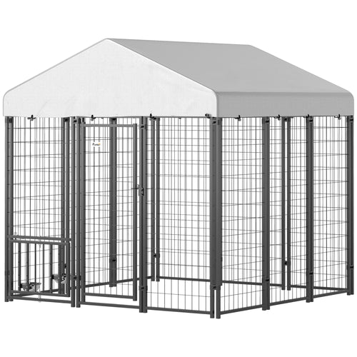 Outdoor Dog Kennel with Waterproof UV-Resistant Cover, Rotating &; 4-Level Adjustable Feeding Bowls, 5.9 x 5.9 x 6 ft
