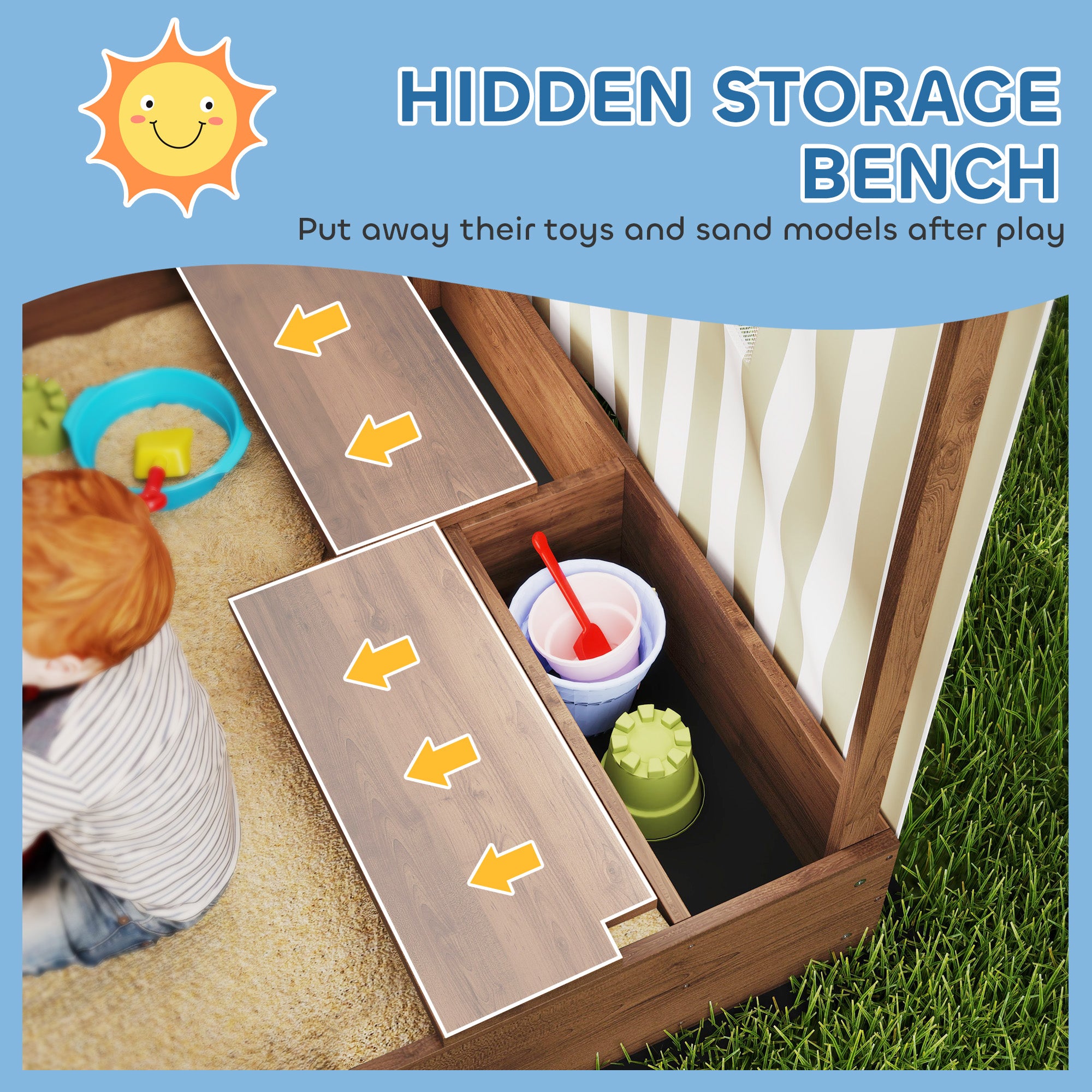 Kids Sandbox with Full Covered Canopy, Bench Seats, Bottom Liner, for Ages 3-6, 56