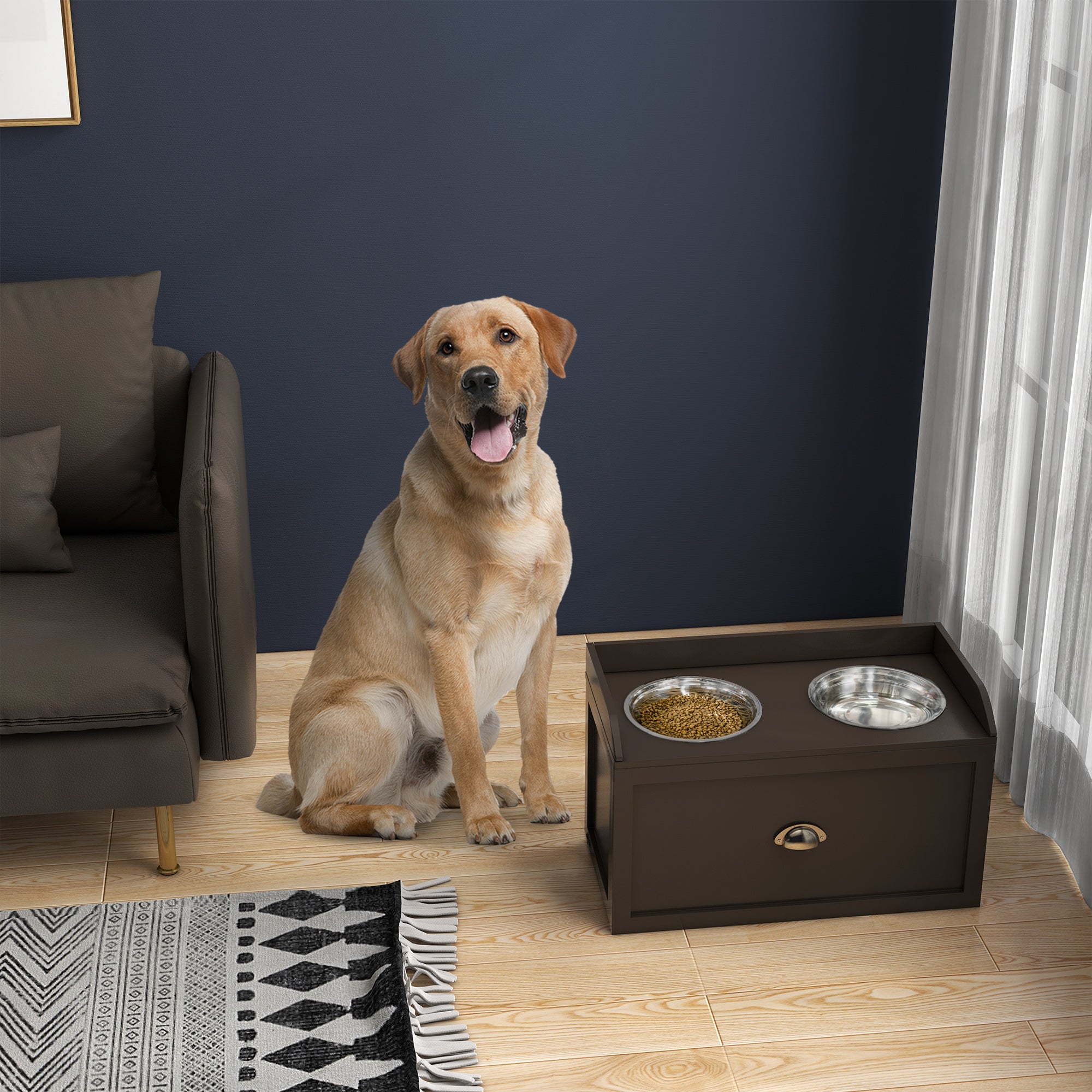 Large Elevated Dog Bowls with Storage Drawer, Raised Pet Feeding Station with 2 Stainless Steel Bowls, Coffee Dog Bowls at Gallery Canada