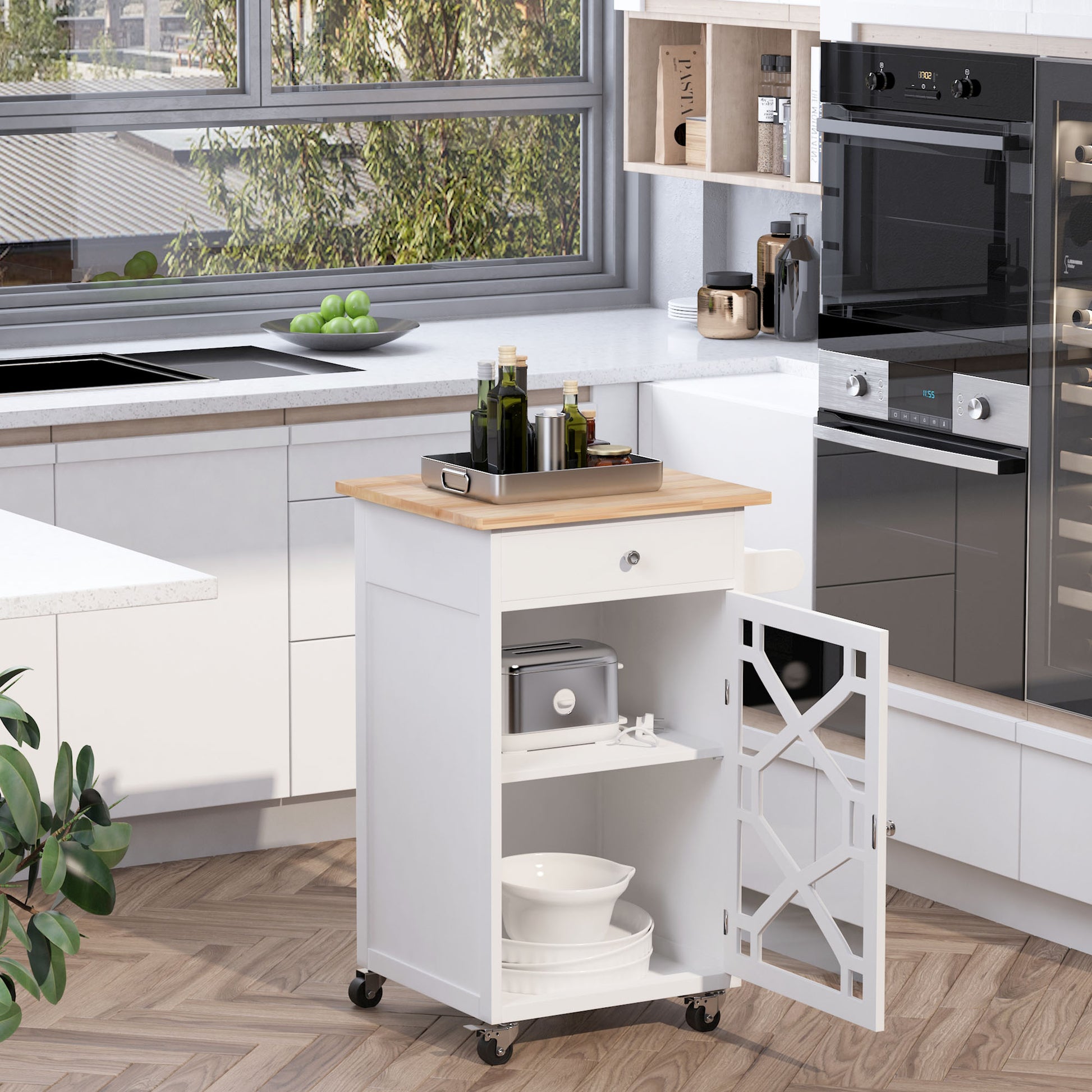 Kitchen Cart on Wheels, Rolling Kitchen Island with Drawer, Glass Door, Towel Rack and Adjustable Shelf, White Kitchen Islands & Kitchen Carts   at Gallery Canada