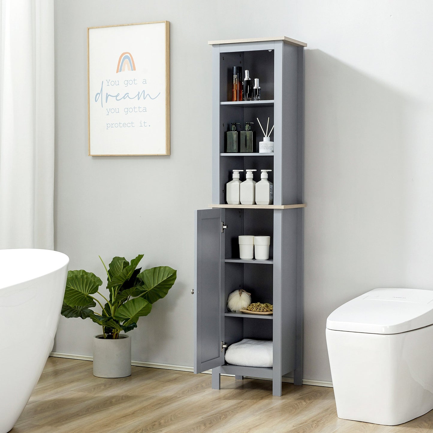 Bathroom Floor Storage Cabinet with 3 Tier Shelf and Cupboard with Door, Free Standing Linen Tower, Tall Slim Side Organizer Shelves, Grey Bathroom Cabinets   at Gallery Canada