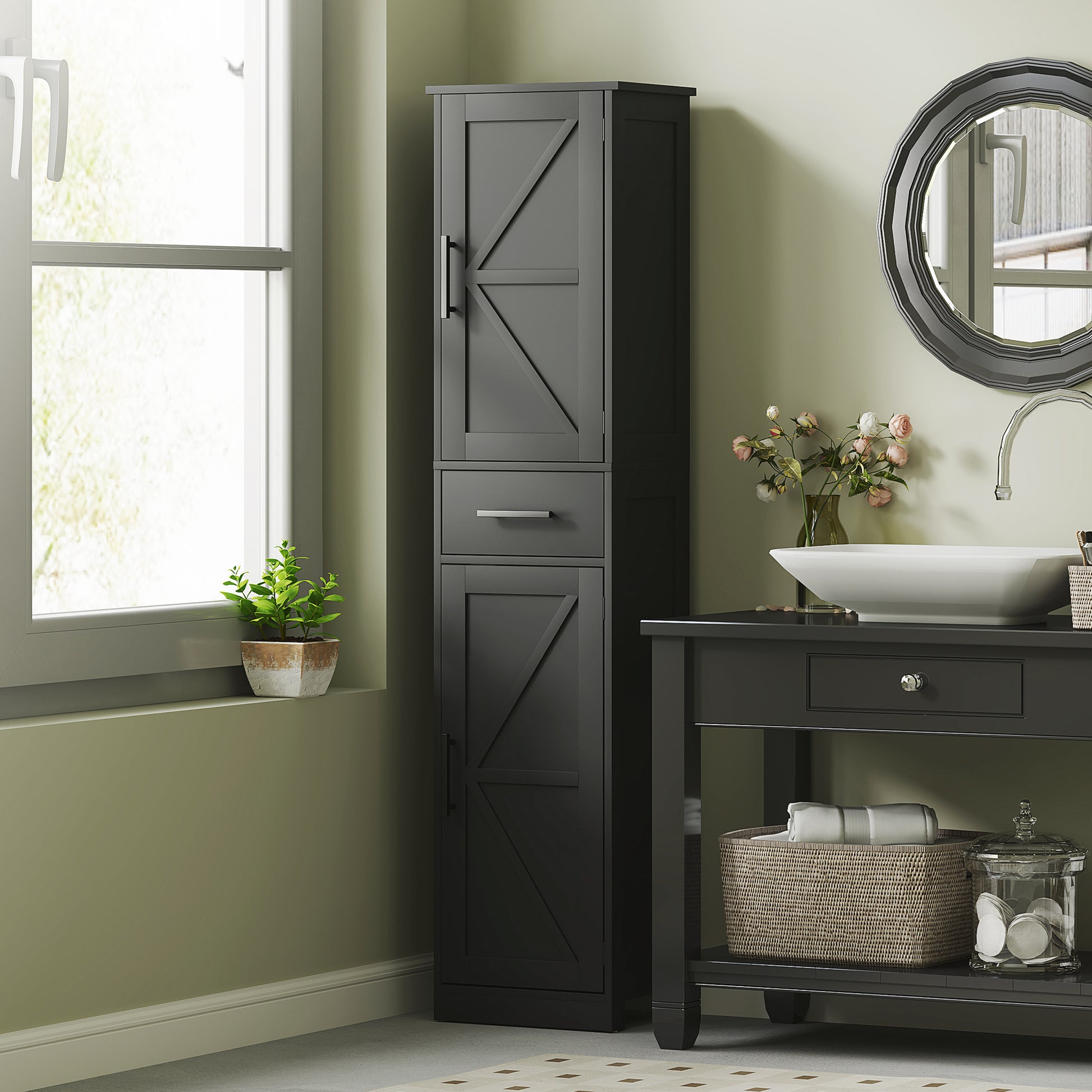 67" Tall Bathroom Cabinet, Narrow Bathroom Storage Cabinet with Drawer, Barn Doors and Adjustable Shelves, Black Bathroom Cabinets Black at Gallery Canada