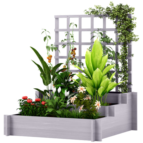 Wooden Elevated Planter Box with Trellis for Climbing Plants, 3 Tier Raised Garden Bed for Garden, Outdoor, Grey
