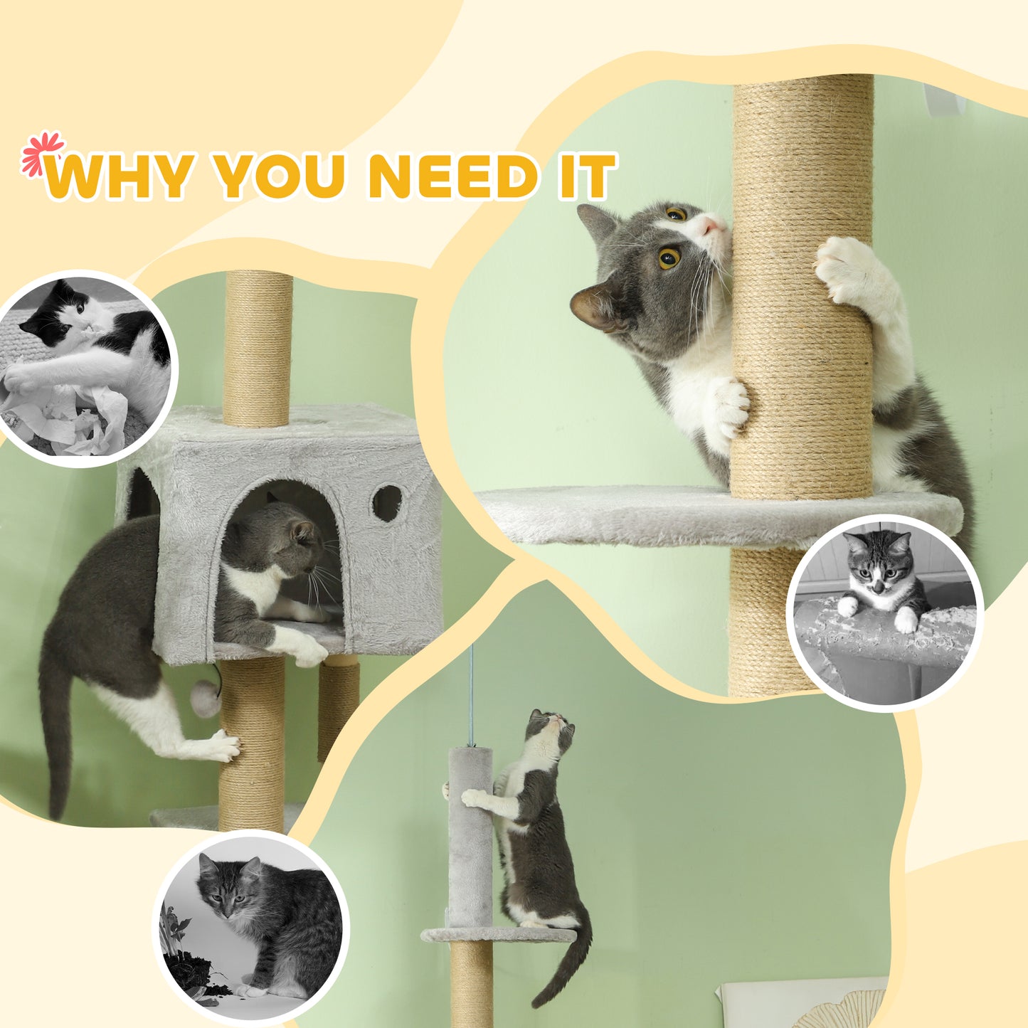 89"-104" Floor to Ceiling Cat Tree w/ Scratching Post, Cat House, 3-Steps, Hanging Ball, Perches, Light Grey Floor to Ceiling Cat Trees   at Gallery Canada