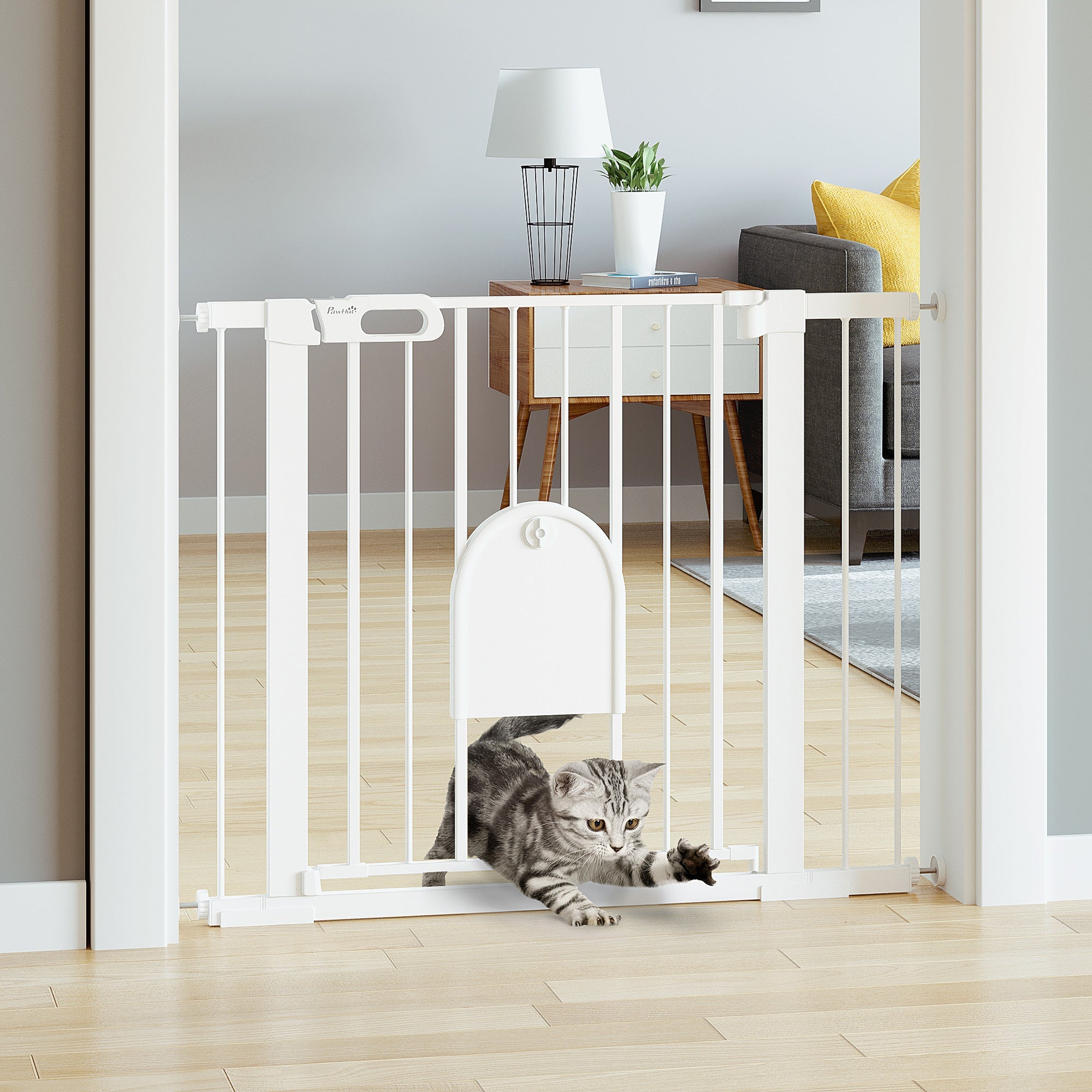 Extra Wide Pet Gate with Cat Door, Auto Close, Double Locking, White Houses, Kennels & Pens   at Gallery Canada