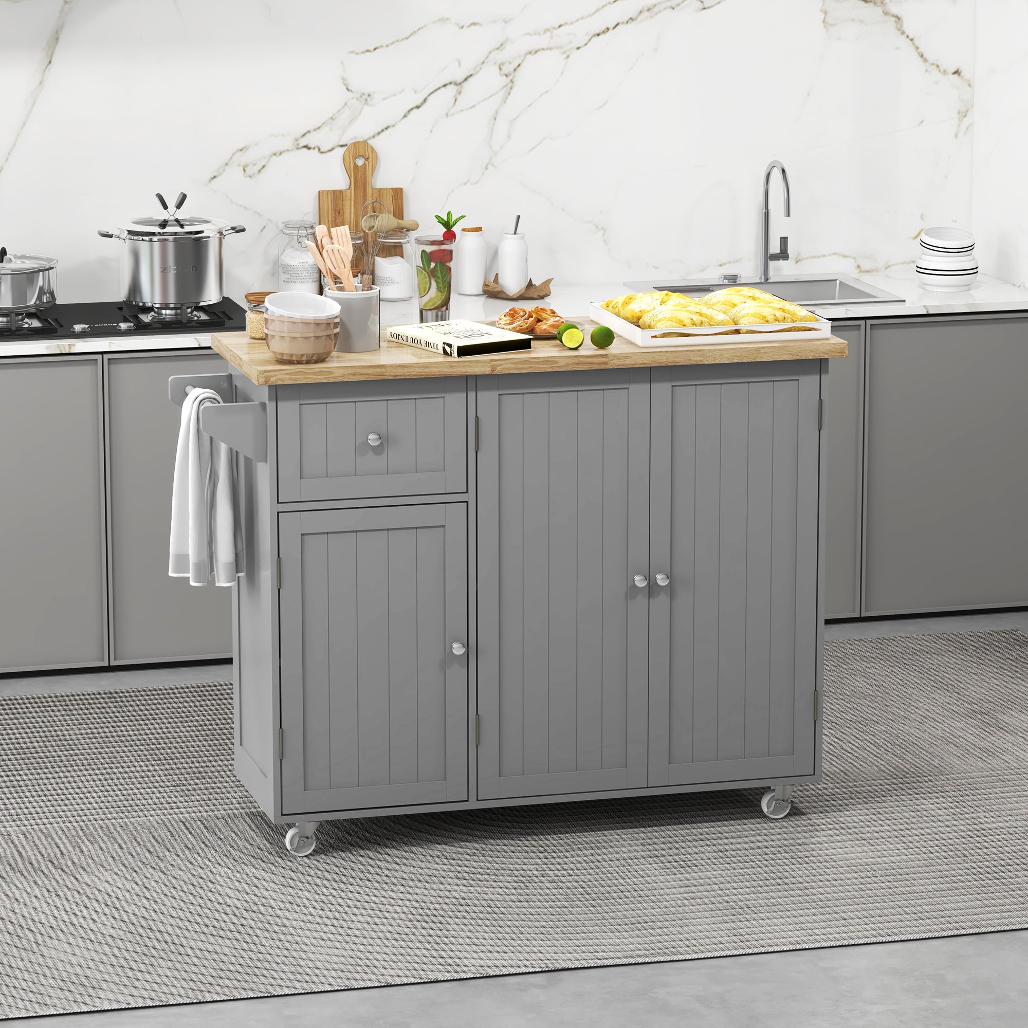 Rolling Kitchen Island with Storage, Utility Kitchen Island Cart with Drawer, Cabinets, Towel Rack and Rubber Wood Top Kitchen Islands & Kitchen Carts   at Gallery Canada