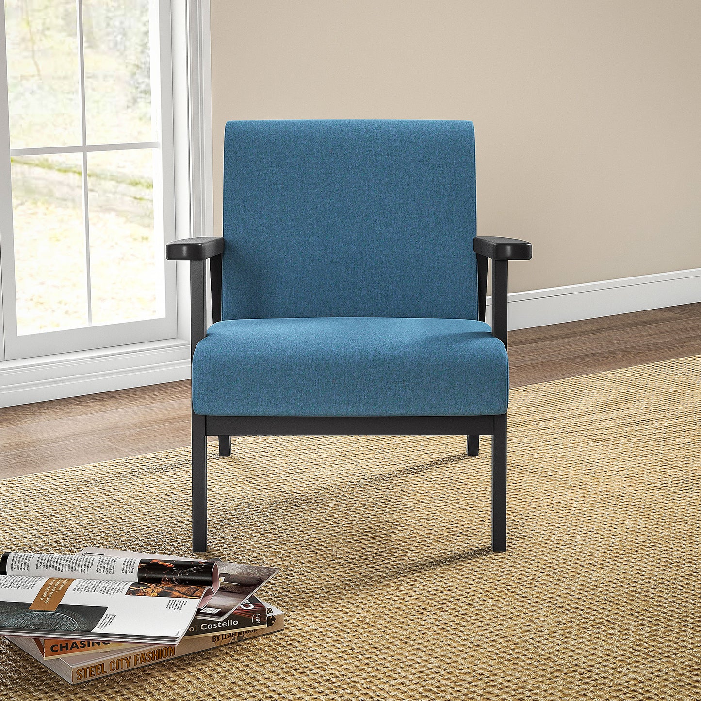 Mid-Century Modern Accent Chair Retro Fabric Armchair Wooden Arm Upholstered Lounge Chair for Living Room Blue Accent Chairs   at Gallery Canada