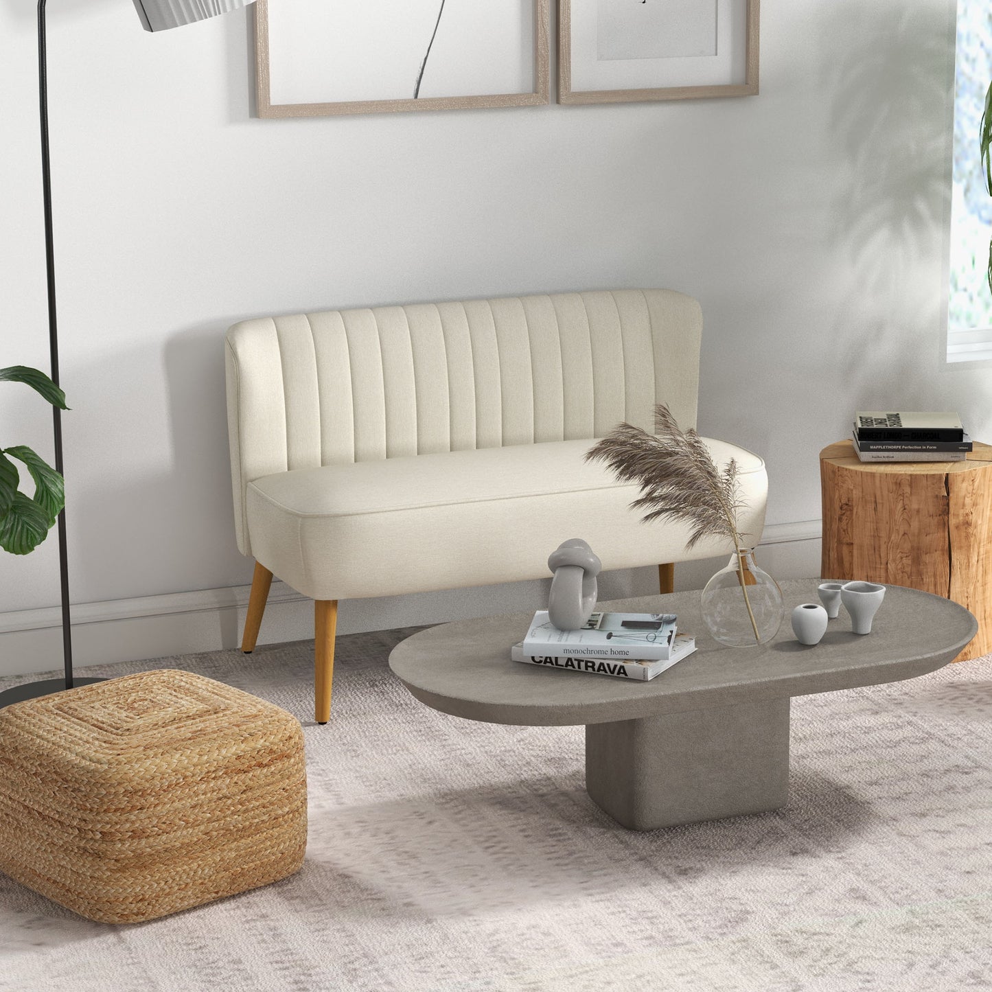 Modern 2 Seat Sofa for Bedroom, Upholstered Two Seater Couch with Rubber Wood Legs, Cream White 2-Seater Sofas at Gallery Canada