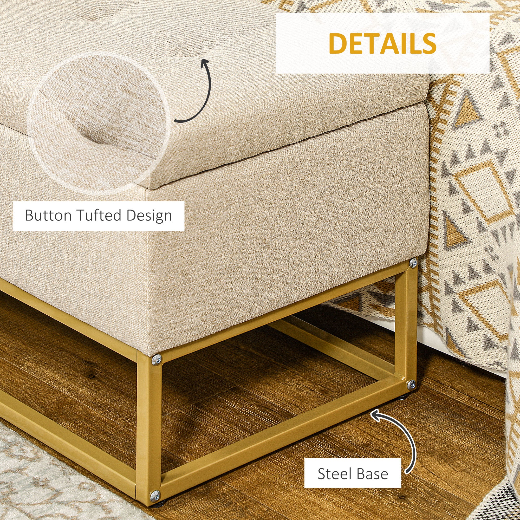 Storage Ottoman with Flip Top, Upholstered Storage Bench, Linen Fabric Footstool with Steel Legs for Living Room, Bedroom, Beige Storage Ottomans & Benches at Gallery Canada