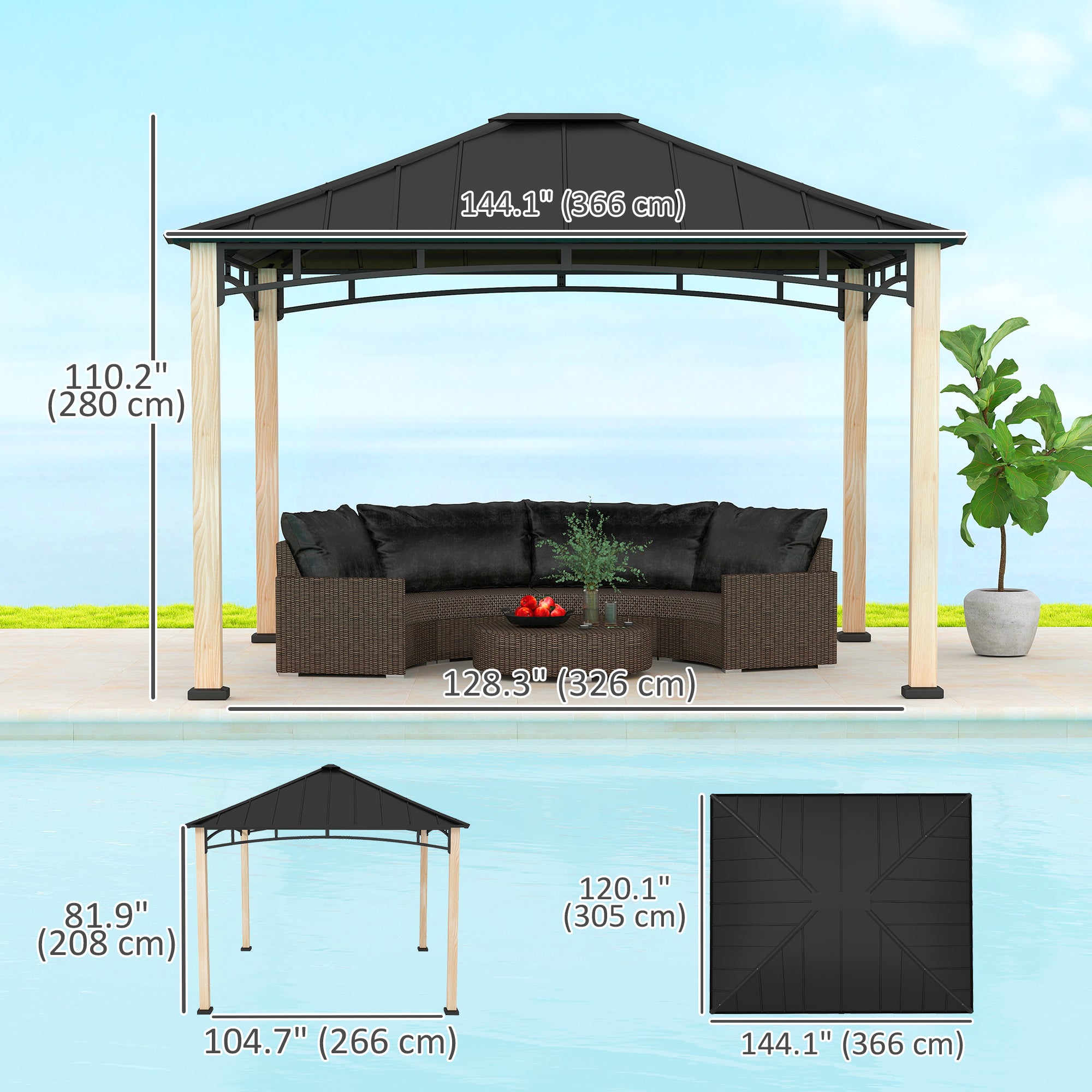 10' x 12' Hardtop Gazebo with Metal Roof, Wood Grain Frame Outdoor Gazebo Canopy for Patio, Garden, Backyard, Lawn Gazebos at Gallery Canada