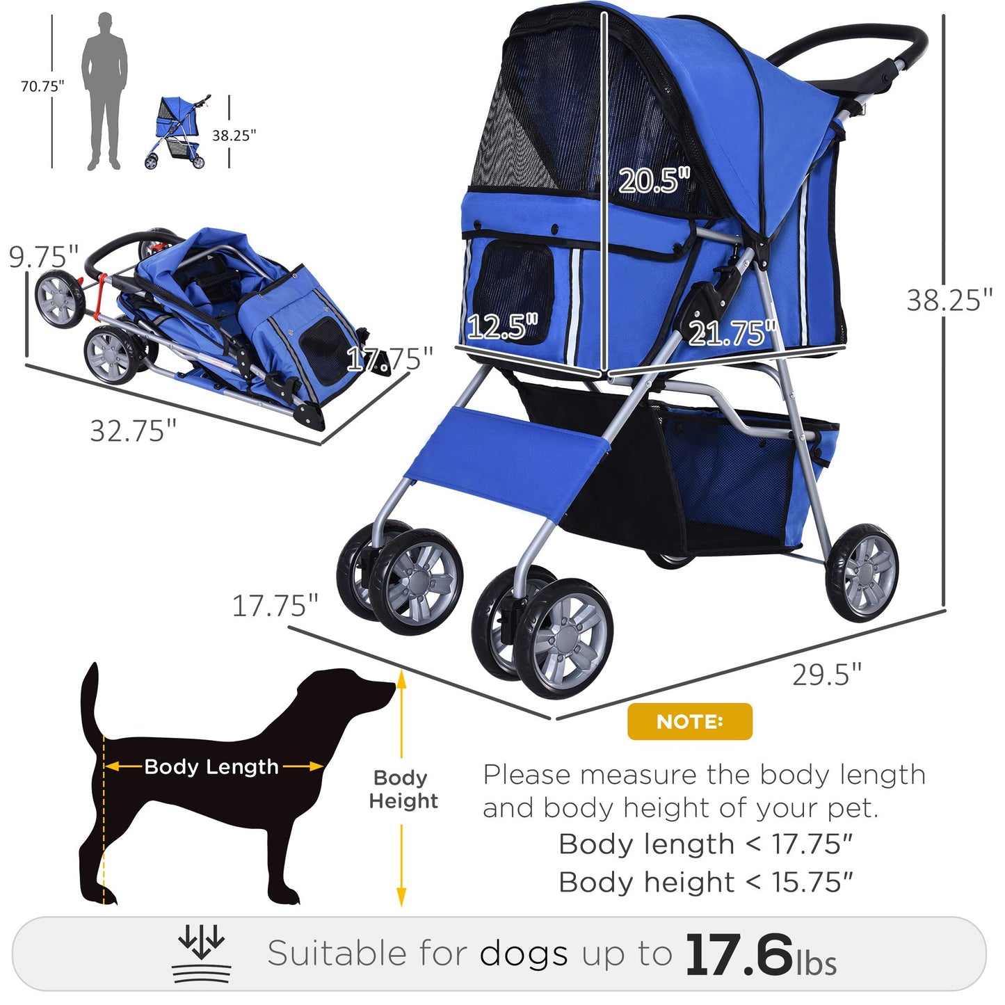 4 Wheel Dog Pet Stroller Dog Cat Carrier Folding Sunshade Canopy with Brake, Blue Dog Bike Trailers & Strollers   at Gallery Canada