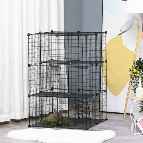 39 Pcs Small Animal Cage Bunny Hutch Portable Metal Wire with Ramps for Kitten Chinchilla, Black