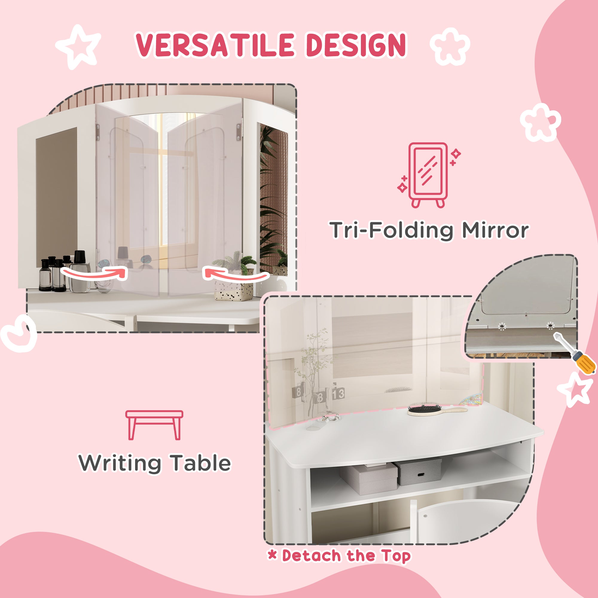 2 in 1 Kids Vanity Set Makeup Dressing Table Pretend Play Set with Tri-Folding Mirror, Stool, Storage Shelf Toy Vanity at Gallery Canada