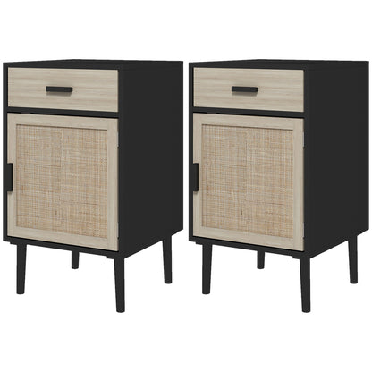 Boho Bedside Tables Set of 2, Nightstands with Drawer, Rattan Cabinet, Adjustable Shelf for Bedroom, Living Room, Black Bedside Tables Multi Colour  at Gallery Canada