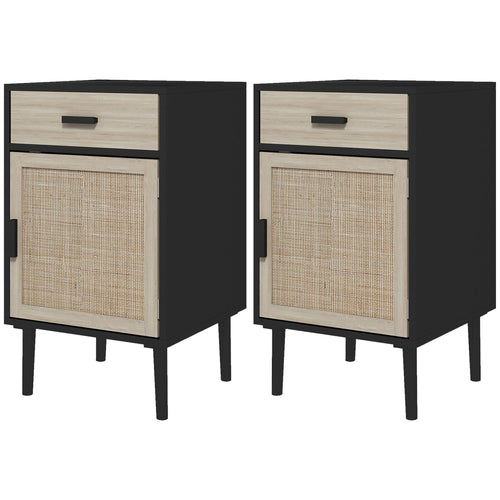 Boho Bedside Tables Set of 2, Nightstands with Drawer, Rattan Cabinet, Adjustable Shelf for Bedroom, Living Room, Black