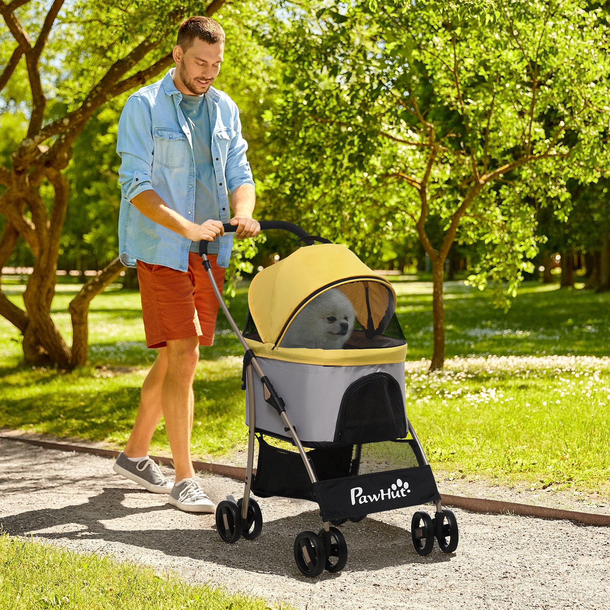 4 Wheels Pet Stroller, 3 in 1 Dog Cat Travel Folding Carrier, for Small Dogs, Detachable, w/ Brake, Canopy, Basket, Storage Bag - Yellow Dog Bike Trailers & Strollers at Gallery Canada