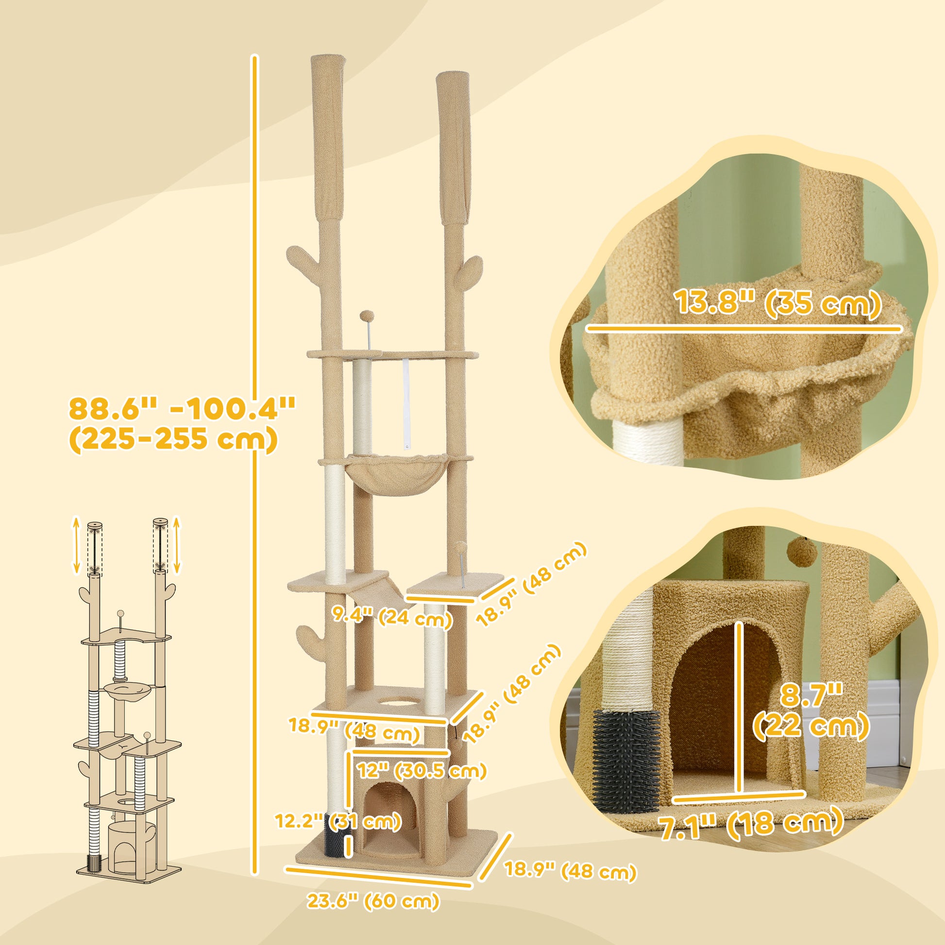 89"-100" Floor to Ceiling Cat Tree Cat Tower for Large Cats w/ Scratching Posts, Grooming Brush Post, Cat Condo, Brown Floor to Ceiling Cat Trees   at Gallery Canada