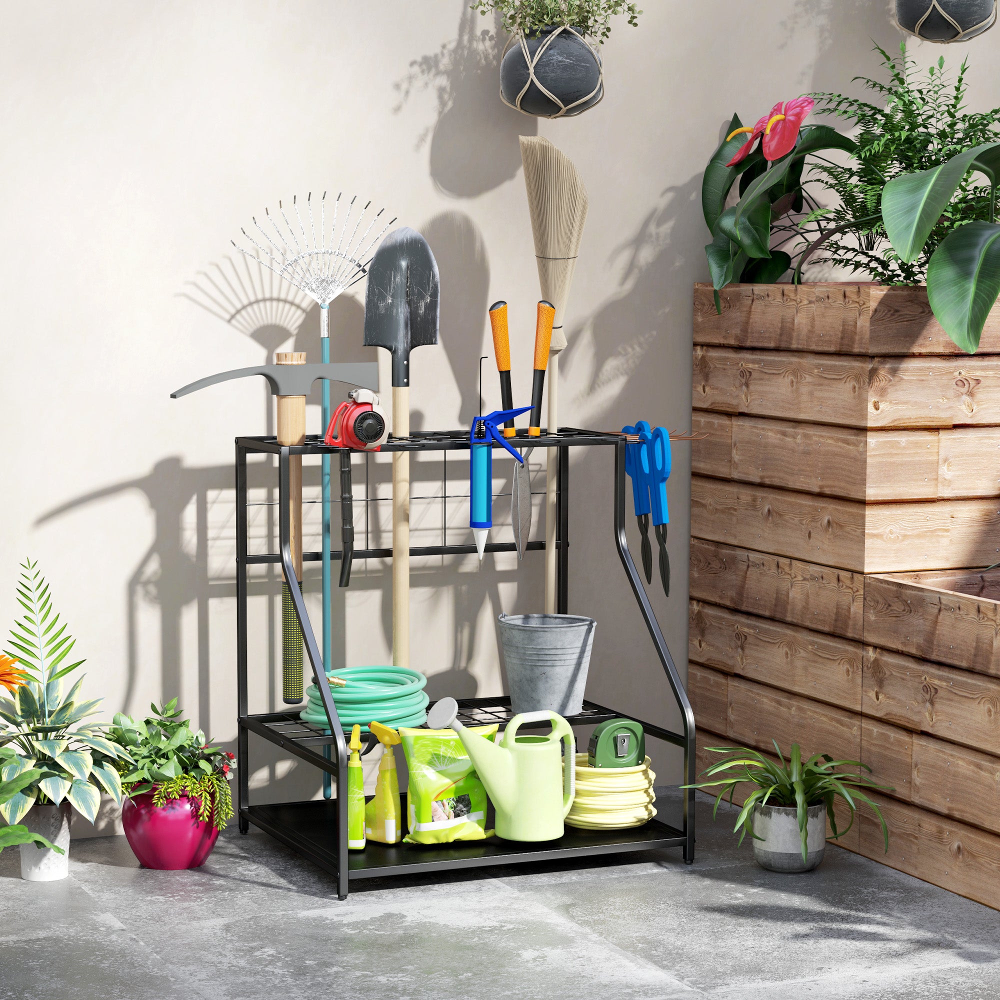 3-Tier Yard Tool Tower Rack, Garden Tool Organizer with Hooks for Long-Handled Rakes, Shovel, Broom, Orange Garden Accessories Orange at Gallery Canada