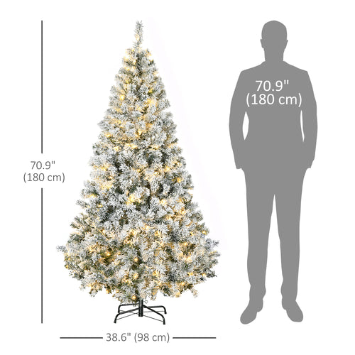 6ft Artificial Prelit Christmas Tree with Warm White LED Light, Snow Flocked Branches, Metal Base, Xmas Tree