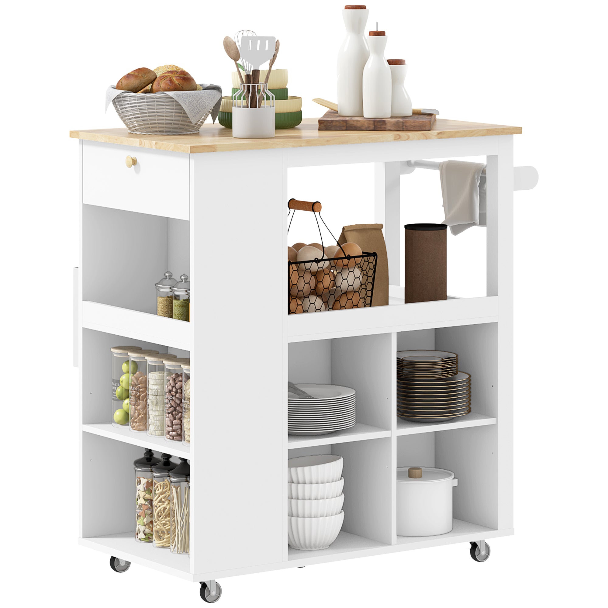 Kitchen Island Table Kitchen Cart with Rubberwood Top, Adjustable Shelves, Knife Rack, Towel Rack, Cabinet, White Kitchen Islands & Kitchen Carts White, Oak at Gallery Canada