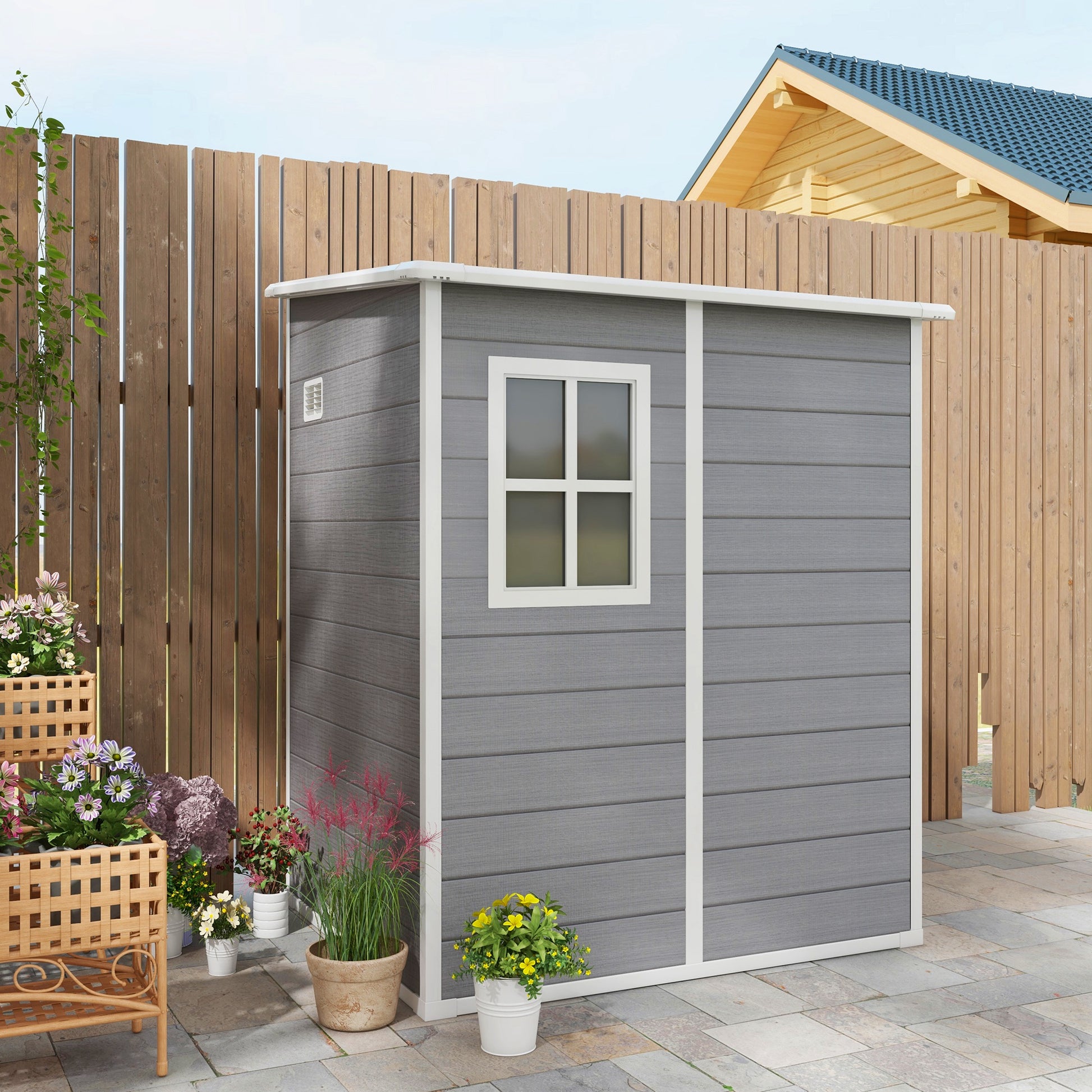 4'x5' Garden Storage Shed, Lean to Shed, Lockable Garden Tool Storage House with Window, Vent and Plastic Roof, Grey Sheds   at Gallery Canada