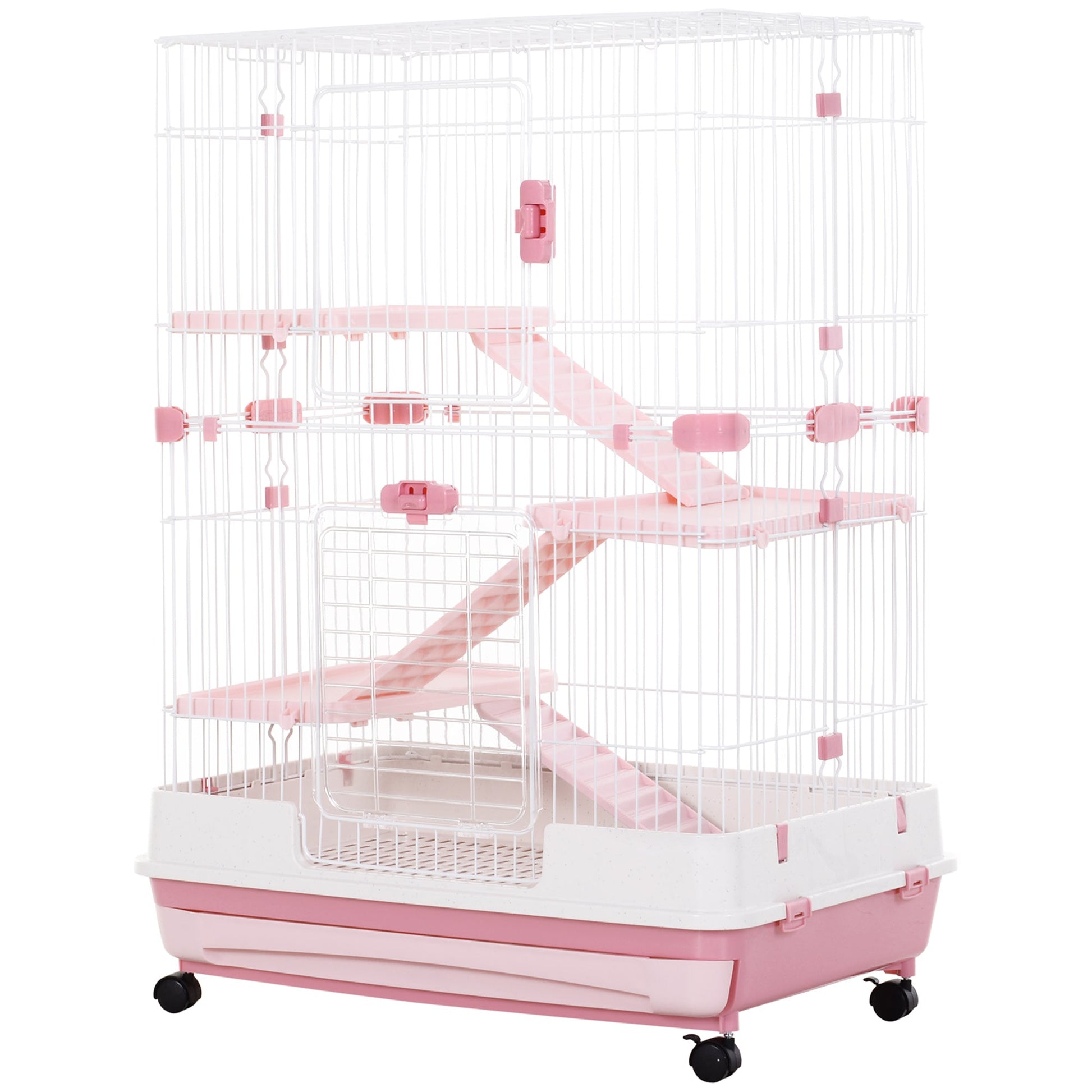 32"L 4-Level Small Animal Cage with Universal Lockable Wheels, Slide-out Tray for Bunny, Chinchillas, Ferret, Pink Houses & Habitats Multi Colour  at Gallery Canada