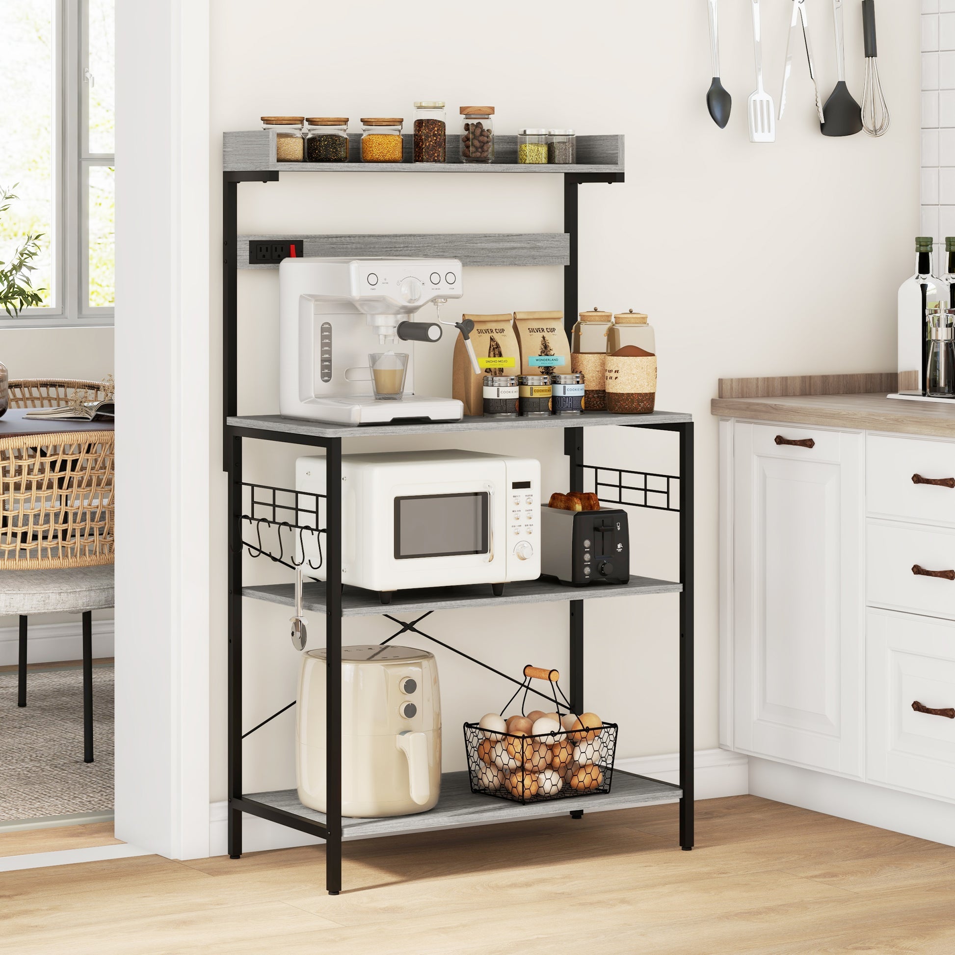 Kitchen Baker's Rack with Power Outlet, Coffee Bar Station with Adjustable Shelves and Hooks, Distressed Grey Bar Cabinets Multi Colour  at Gallery Canada