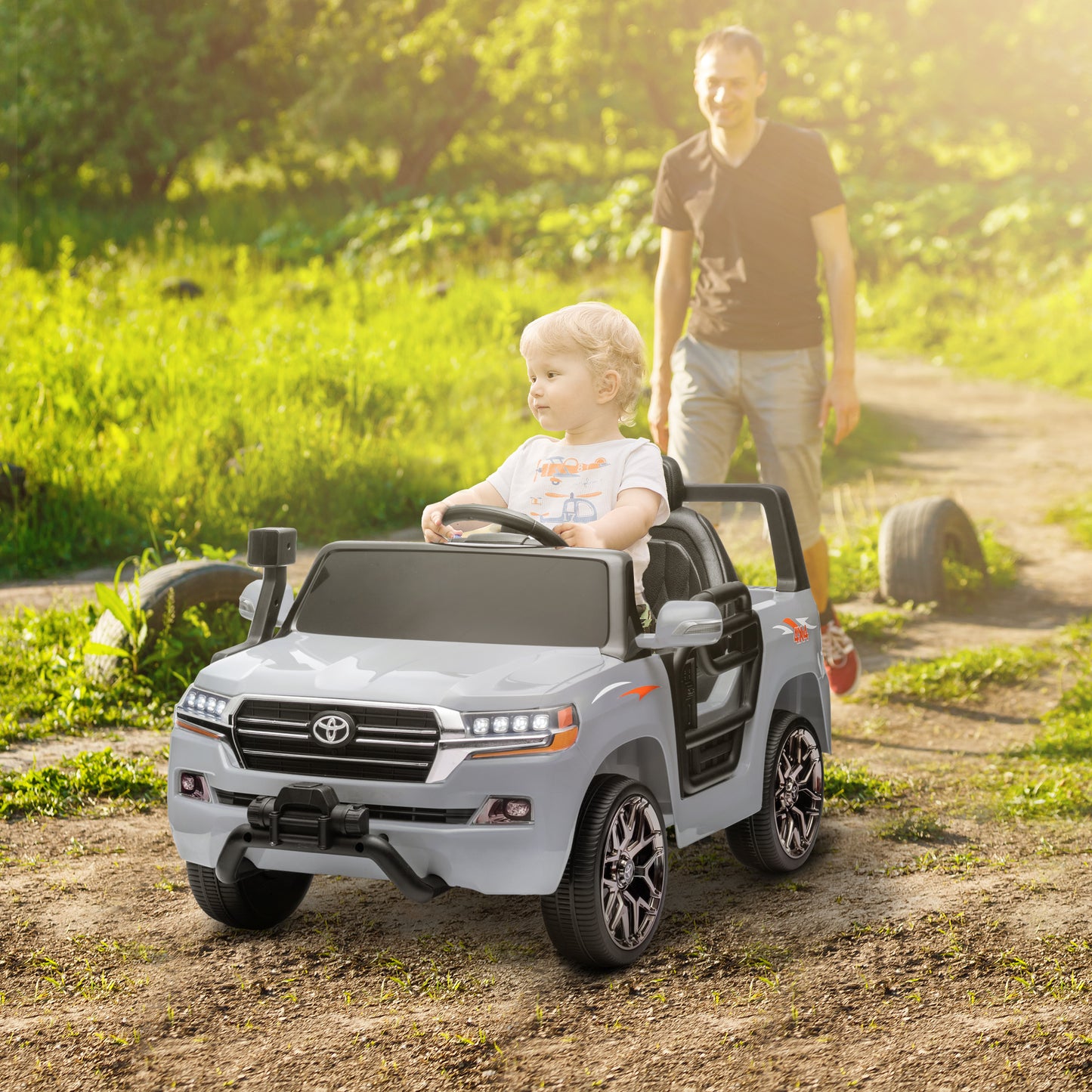 12V Toyota LAND CRUISER Licensed Kids Car w/ Remote Control, Four Wheel Spring Suspension, Soft Start, LED Light, Grey Electric Toy Cars Grey  at Gallery Canada