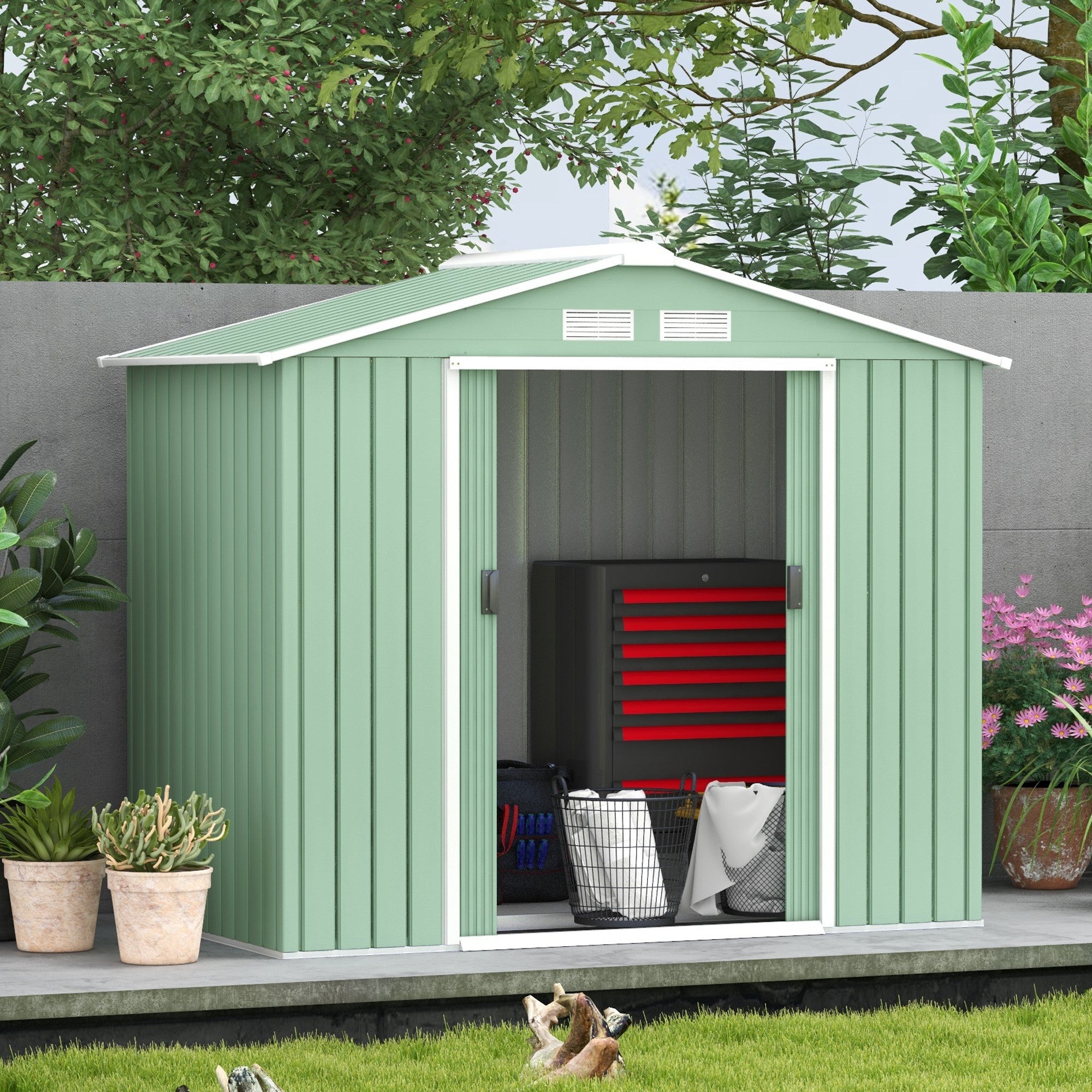 7' x 4' x 6' Garden Storage Shed Outdoor Patio Metal Tool Storage House w/ Foundation Kit and Double Doors Light Green Sheds Light Green  at Gallery Canada