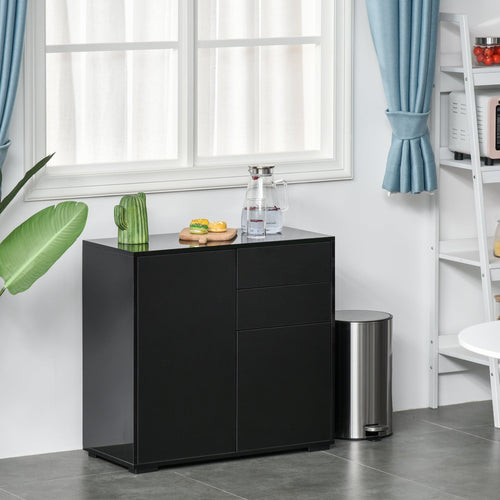 High Gloss Buffet Sideboard with 2 Drawers, 2 Doors and Adjustable Shelf, Kitchen Storage Cabinet with Push Open Design, Black