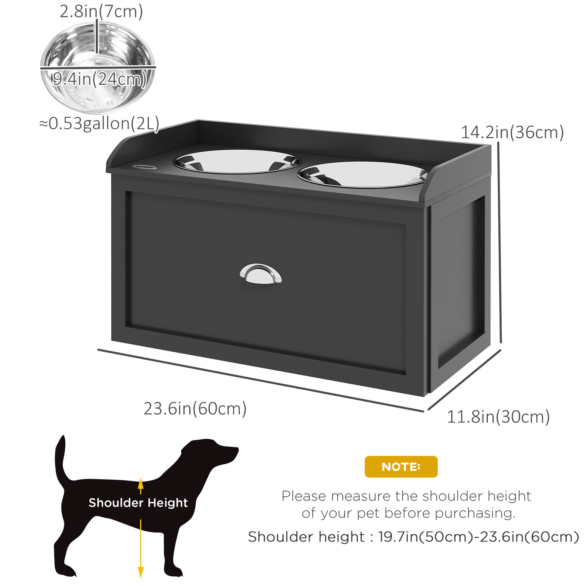 Elevated Dog Bowls Raised Pet Feeding Station with Storage 2 Stainless Steel Bowls, 23.6"x11.8" x14.2", Black Dog Bowls   at Gallery Canada