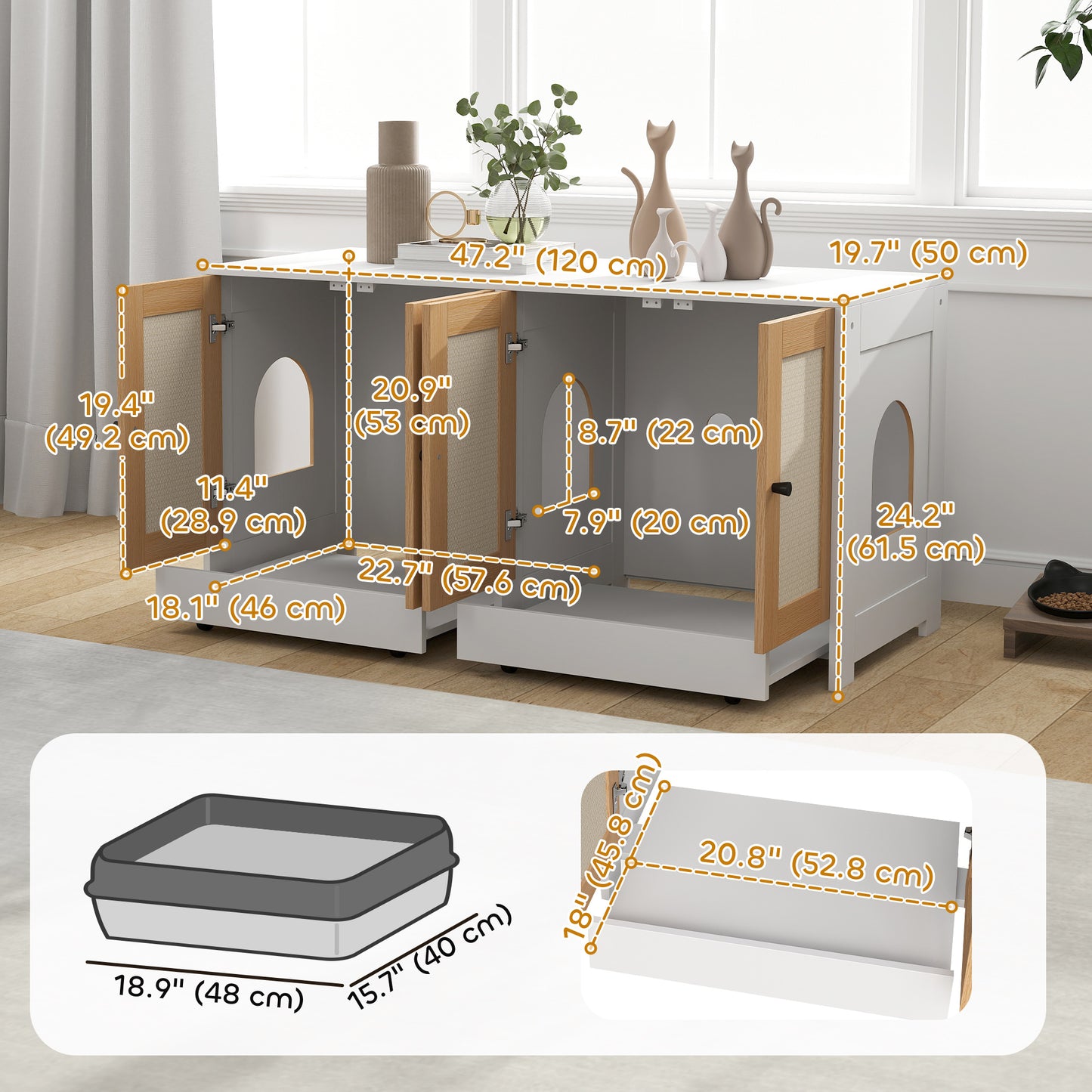 Cat Litter Box Enclosure w/ 2 Cabinets, Scratching Mats, Pull-Out Trays, Hidden Litter Box for 2 Cats, White Cat Litter Box Enclosures   at Gallery Canada