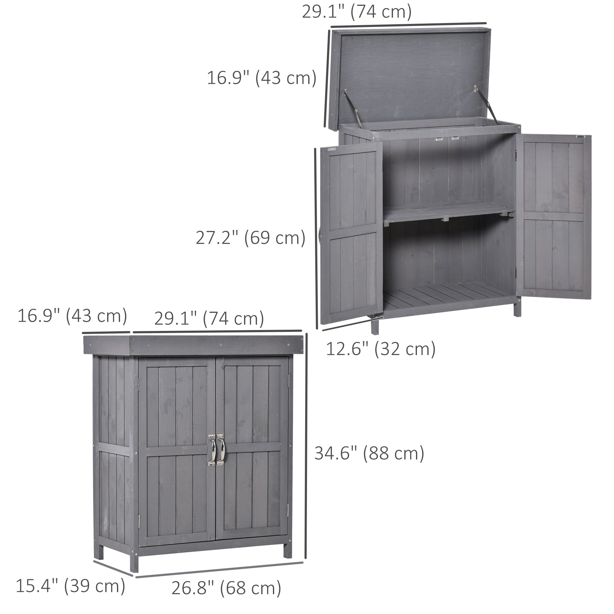 Wooden Garden Tool Storage Shed Kit with Hinged Roof, 2-Tier Shelves and Double Doors, 74x43x88cm, Dark Grey Sheds at Gallery Canada